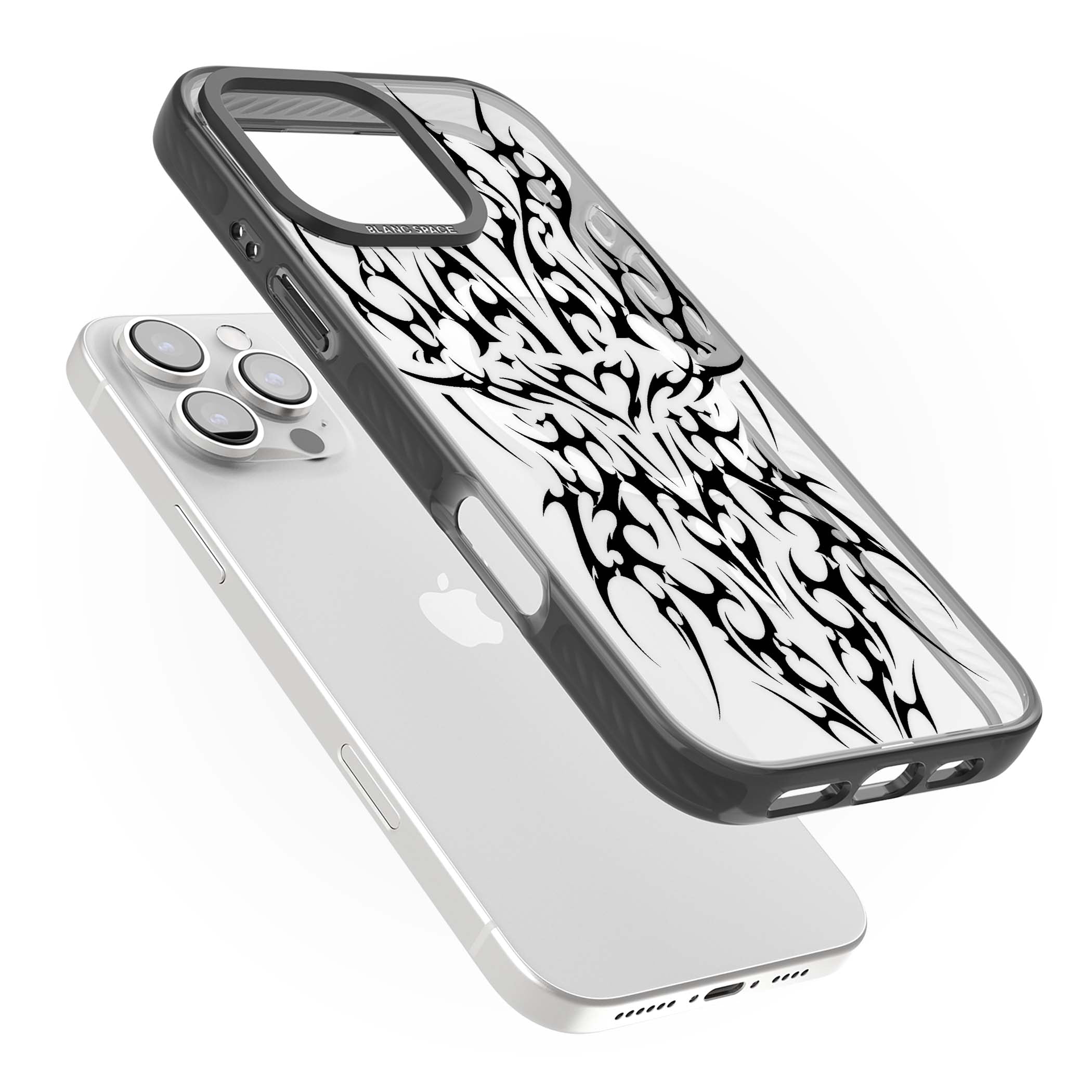 Neo Tribal Heart gothic iPhone case featuring symmetrical black tribal tattoo art with sharp thorn-like linework | Black Impact Magsafe case for iPhone 16 Pro, iPhone 16 Pro Max