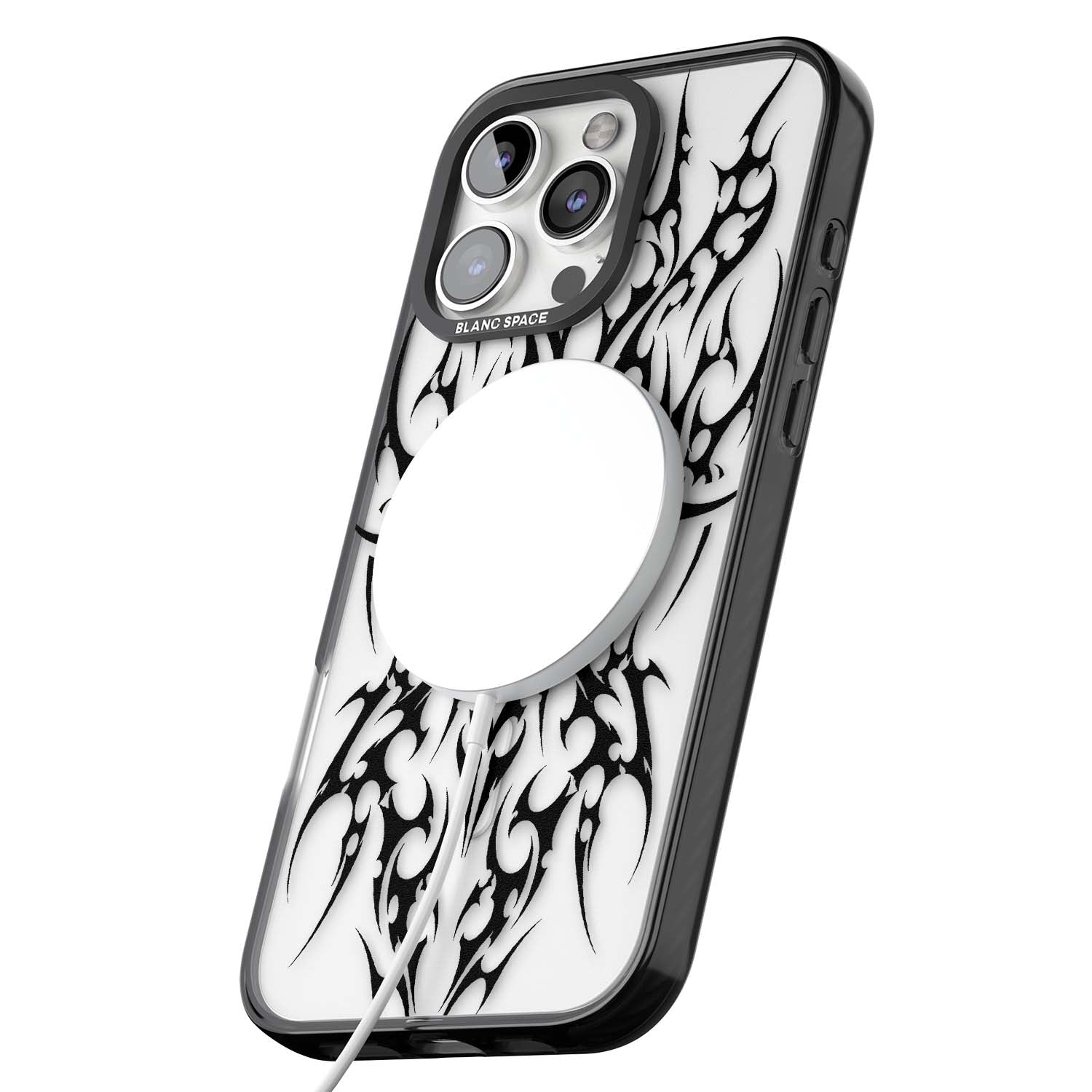 Neo Tribal Heart gothic iPhone case featuring symmetrical black tribal tattoo art with sharp thorn-like linework | Black Impact Magsafe case for iPhone 16 Pro, iPhone 16 Pro Max