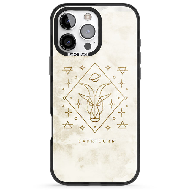 iPhone 16 Pro Max Capricorn Emblem - Solid Gold Marbled Design Black Impact Phone Case