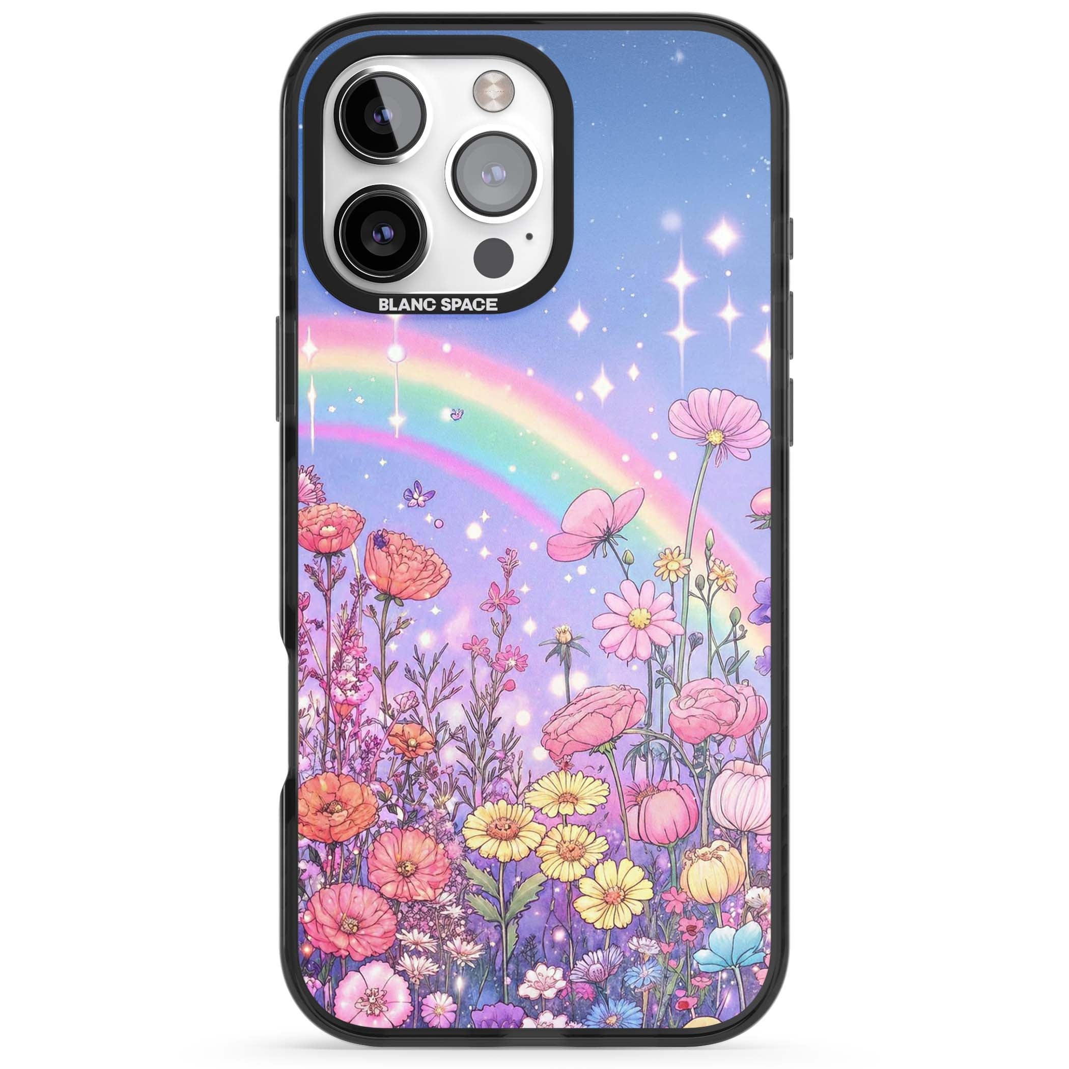 Magical Meadow fairycore iPhone case featuring a pastel rainbow, sparkling stars and a wildflower meadow | Black Impact case for iPhone 16 Pro, iPhone 16 Pro Max