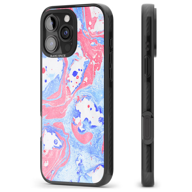 iPhone 16 Pro Max Pink, Blue & White Marbled Paper Pattern Black Impact Phone Case