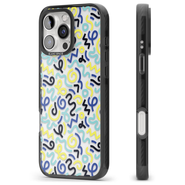 iPhone 16 Pro Max Blue & Yellow Shapes Memphis Retro Pattern Design Black Impact Phone Case