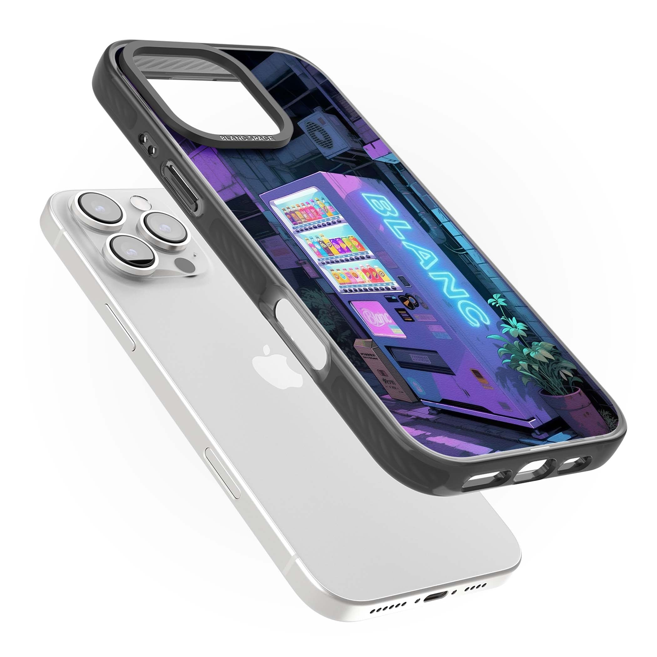 Shibuya Glow Japanese iPhone case featuring a glowing Tokyo vending machine, neon signage, and moody purple alleyway | Black Impact case for iPhone 16 Pro, iPhone 16 Pro Max