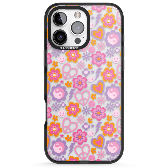 iPhone 16 Pro Max Peace, Love and Flowers Pattern Black Impact Phone Case