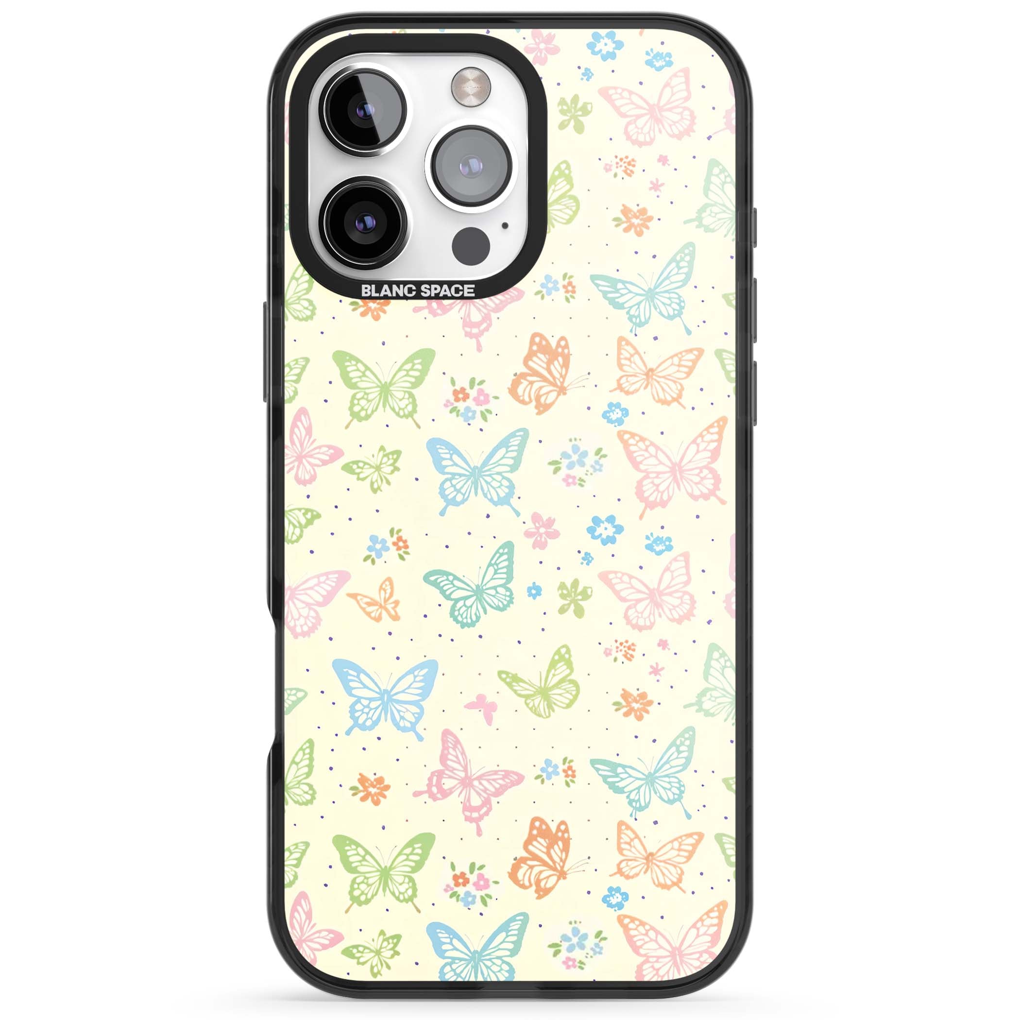 Sugar Wings cottagecore iPhone case featuring rainbow pastel butterflies, tiny wildflowers, and a cream background | Black Impact case for iPhone 16 Pro, iPhone 16 Pro Max