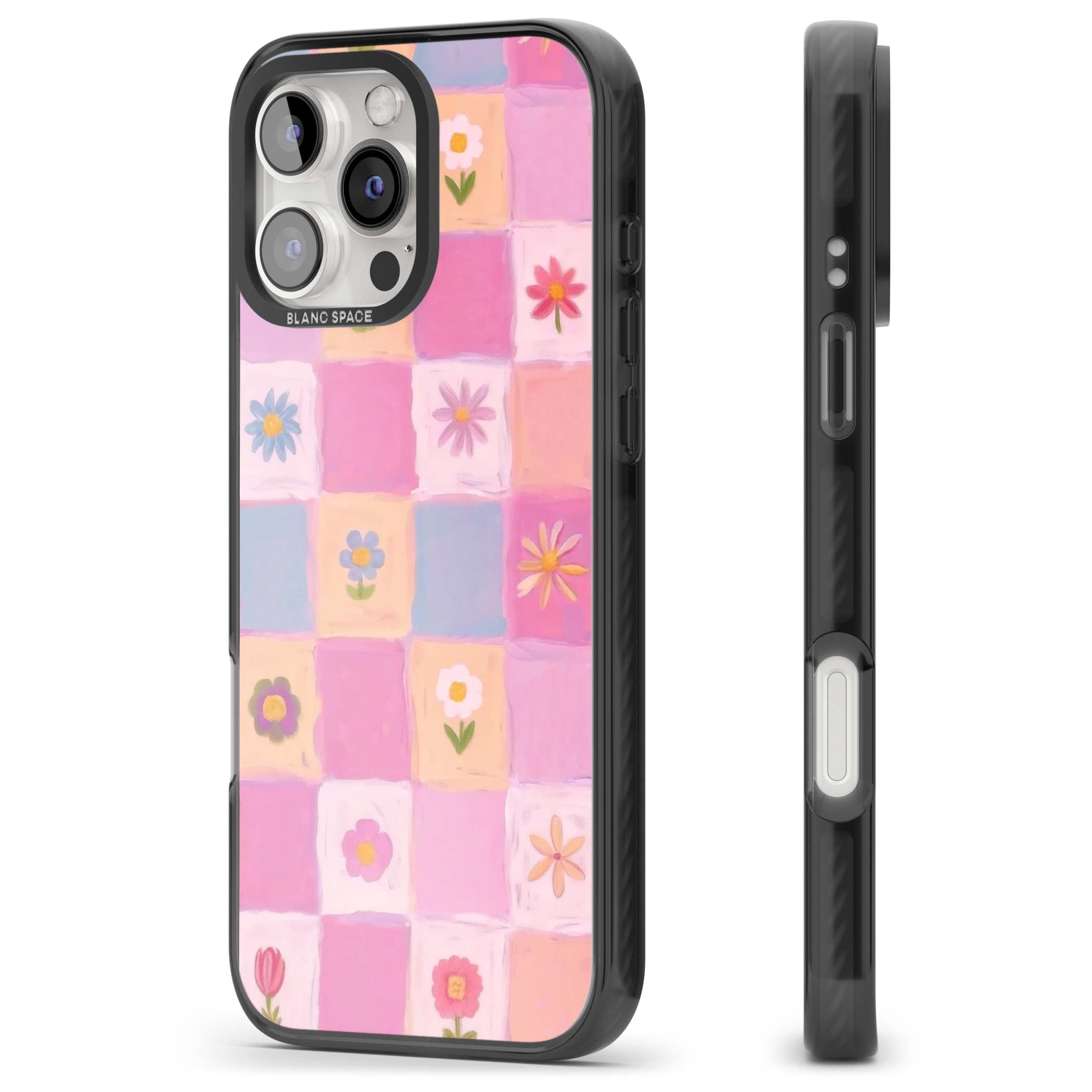 Pastel Flower Patchwork cottagecore iPhone case featuring painted pink and lilac squares with daisies and wildflowers | Black Impact case for iPhone 16 Pro, iPhone 16 Pro Max