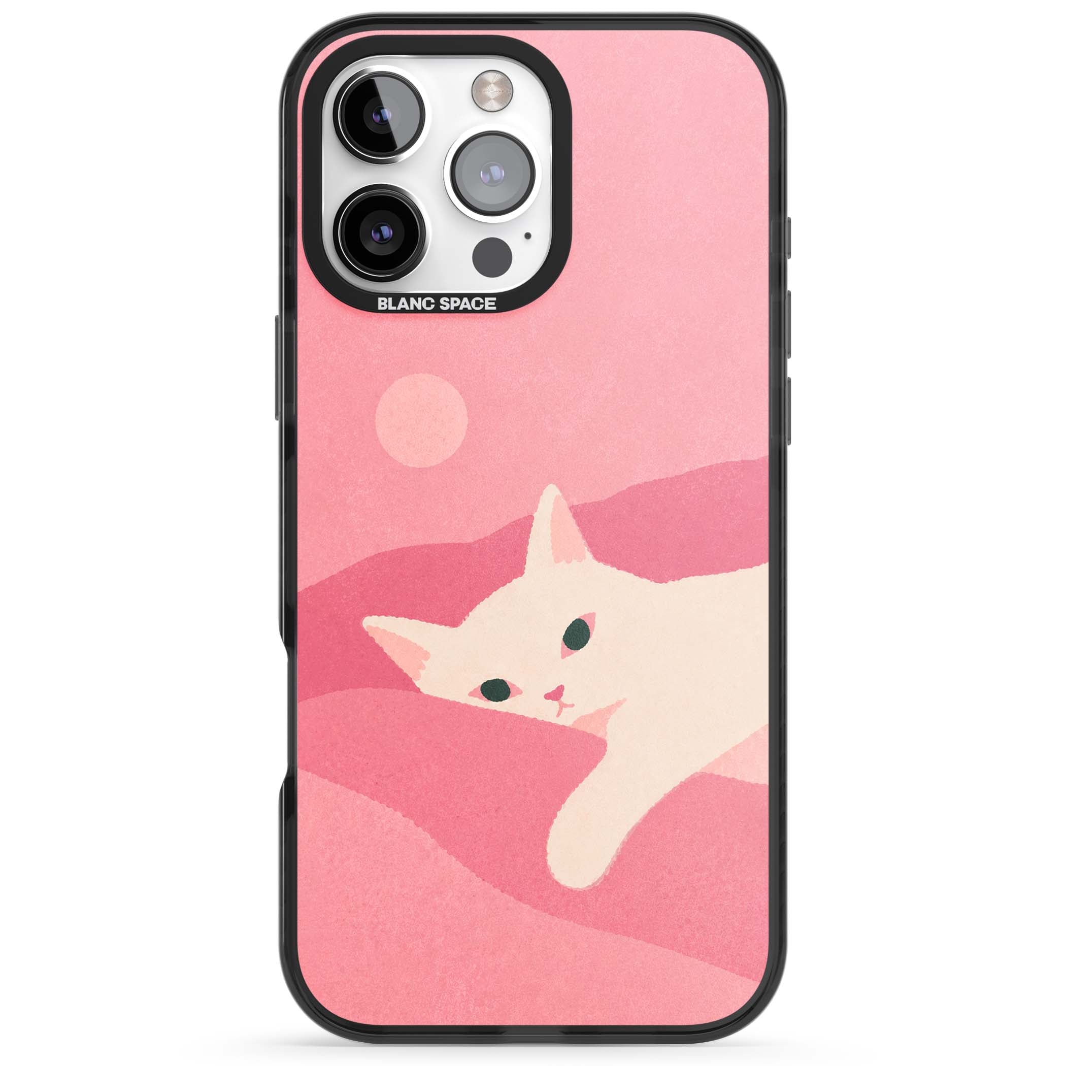 Pink Dreams cute cat iPhone case featuring a white kitten, soft pink hills and a pale pastel sun | Black Impact case for iPhone 16 Pro, iPhone 16 Pro Max