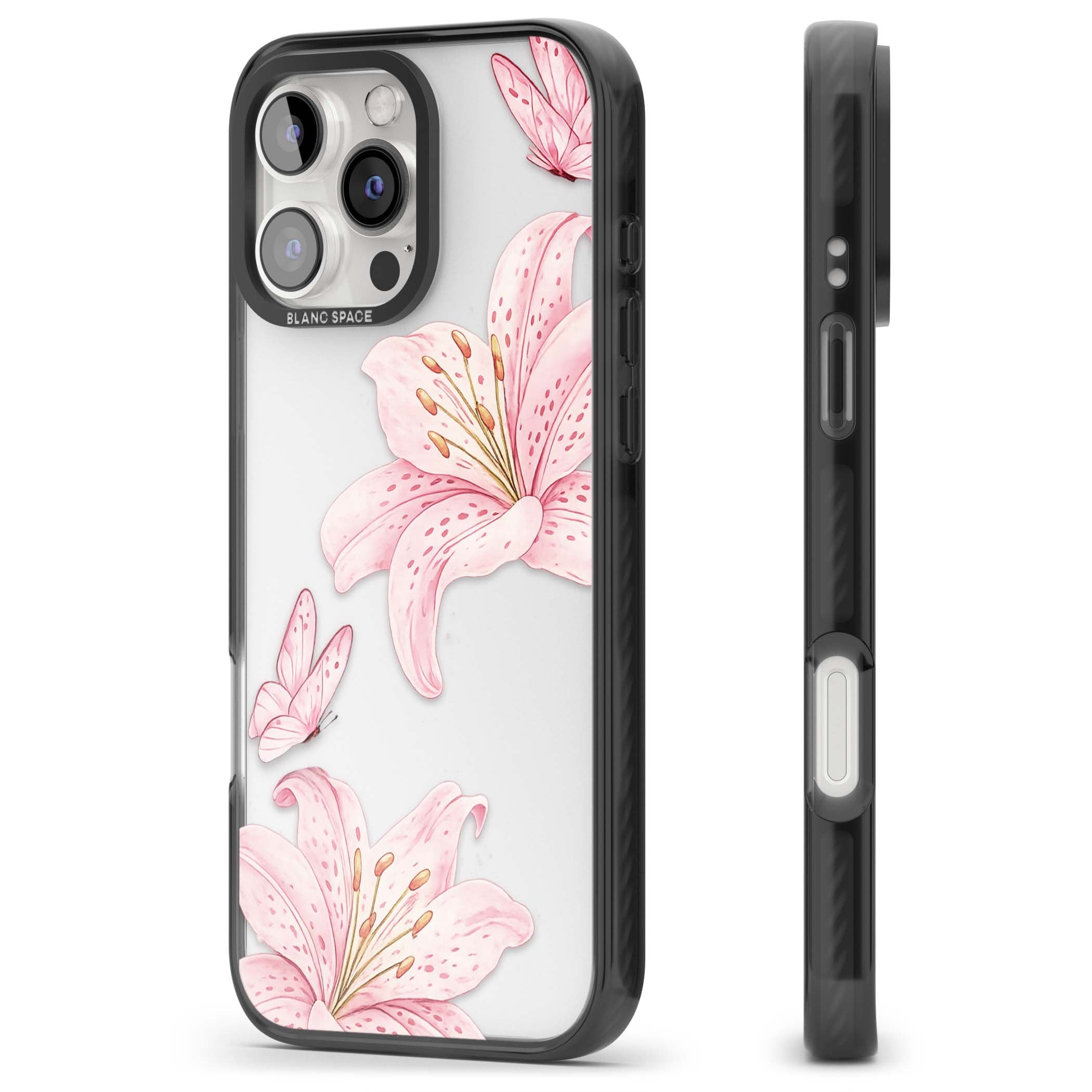 Lily Whisper floral iPhone case featuring pink watercolour lilies and delicate butterflies on a clear background | Black Impact case for iPhone 16 Pro, iPhone 16 Pro Max