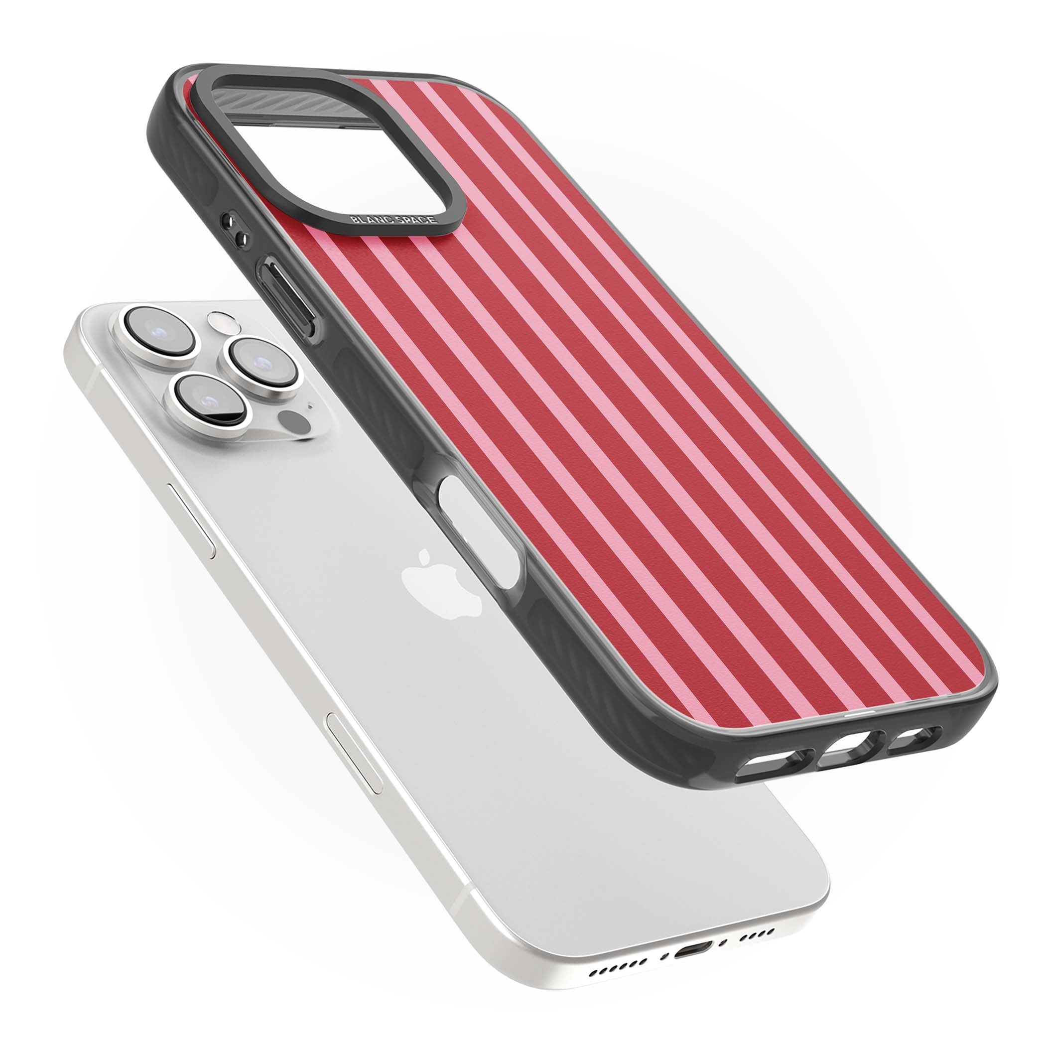 Raspberry Stripe coquette iPhone case featuring red and pink vertical stripes in a candy-inspired pattern | Black Impact case for iPhone 16 Pro, iPhone 16 Pro Max