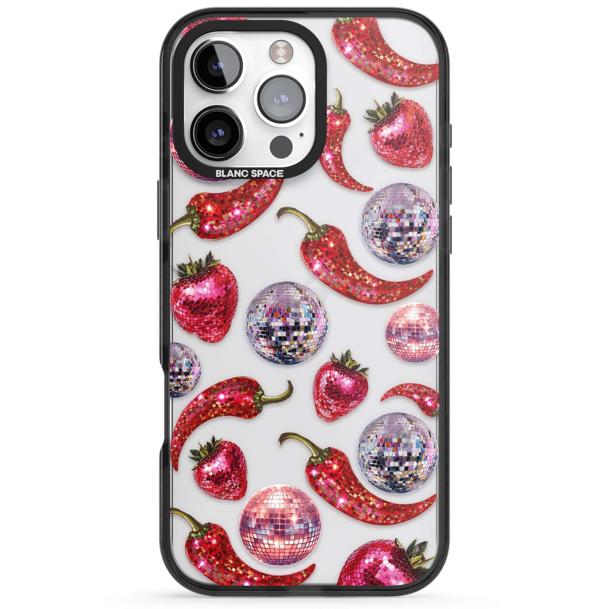 Spicy Disco Y2K iPhone case featuring glitter disco balls, sparkly strawberries and red chilli peppers | Black Impact case for iPhone 16 Pro, iPhone 16 Pro Max