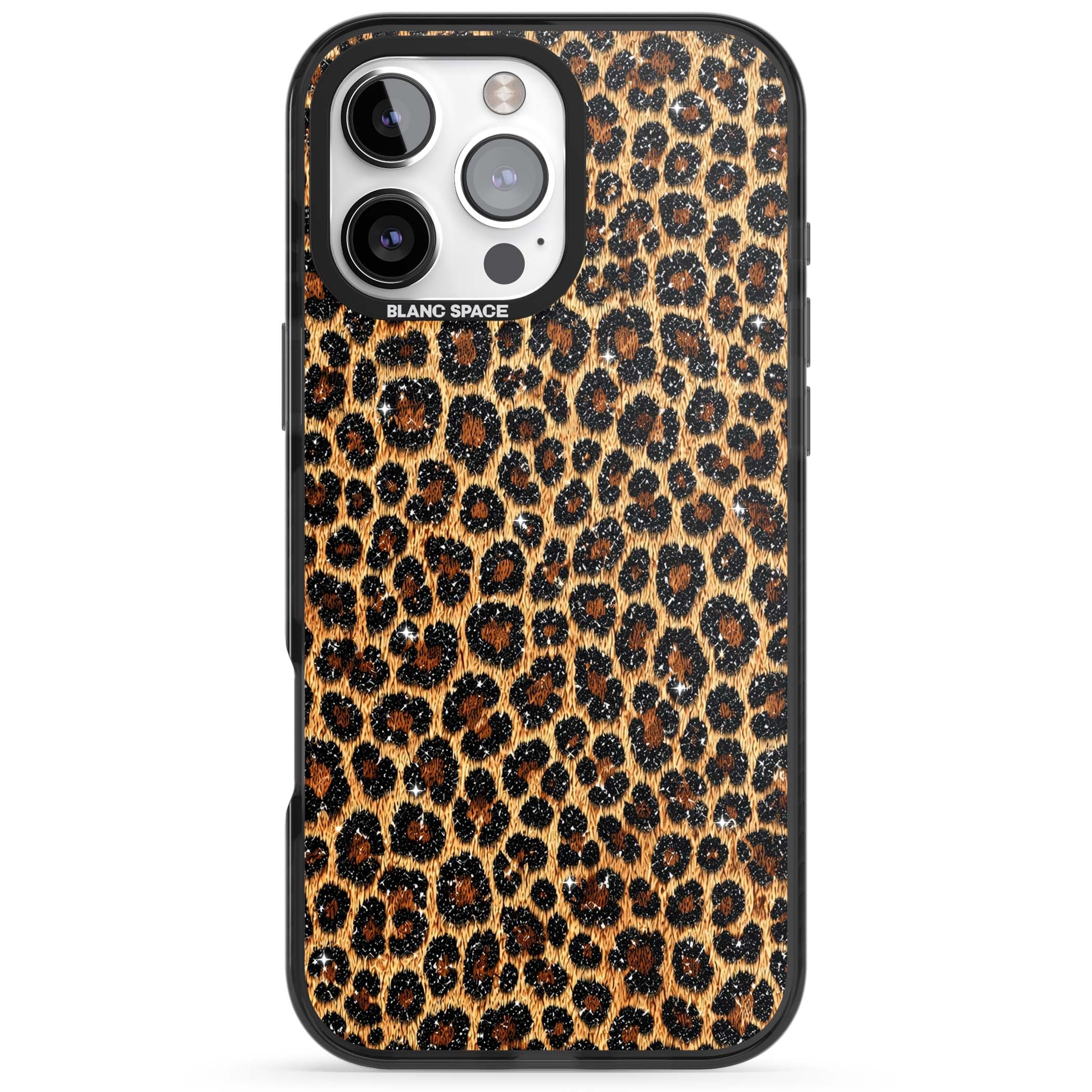 Diamond Leopard leopard print iPhone case featuring golden tan fur, black rosette spots and subtle glitter sparkle | Black Impact case for iPhone 16 Pro, iPhone 16 Pro Max