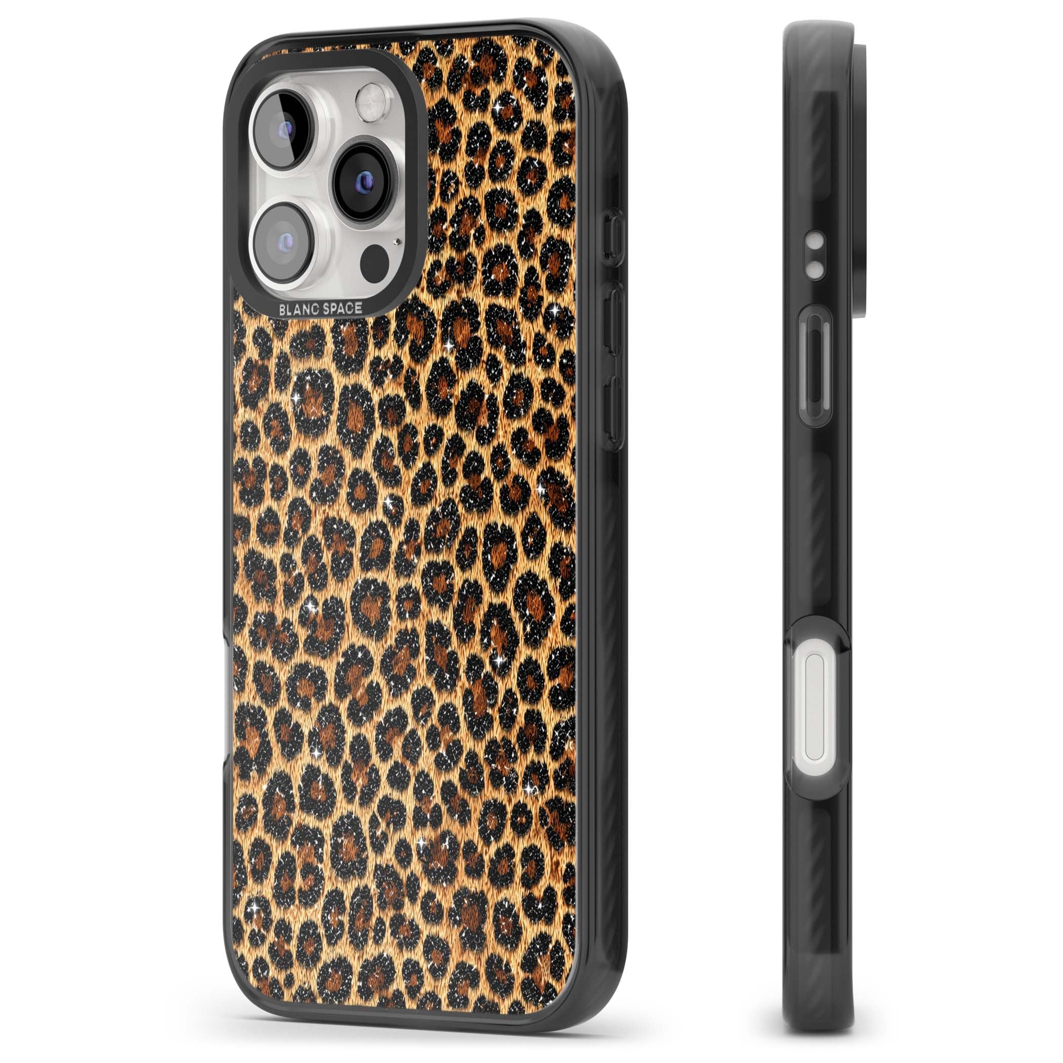 Diamond Leopard leopard print iPhone case featuring golden tan fur, black rosette spots and subtle glitter sparkle | Black Impact case for iPhone 16 Pro, iPhone 16 Pro Max