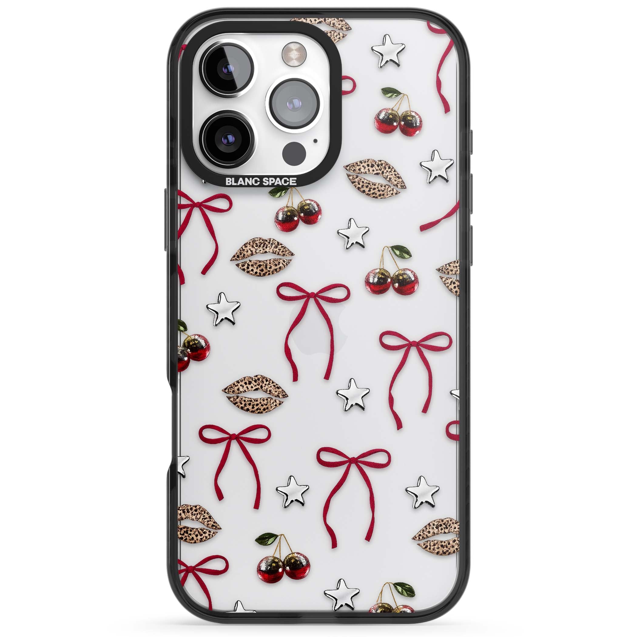Starlet coquette iPhone case featuring red ribbon bows, disco cherries and leopard-print lips | Black Impact case for iPhone 16 Pro, iPhone 16 Pro Max