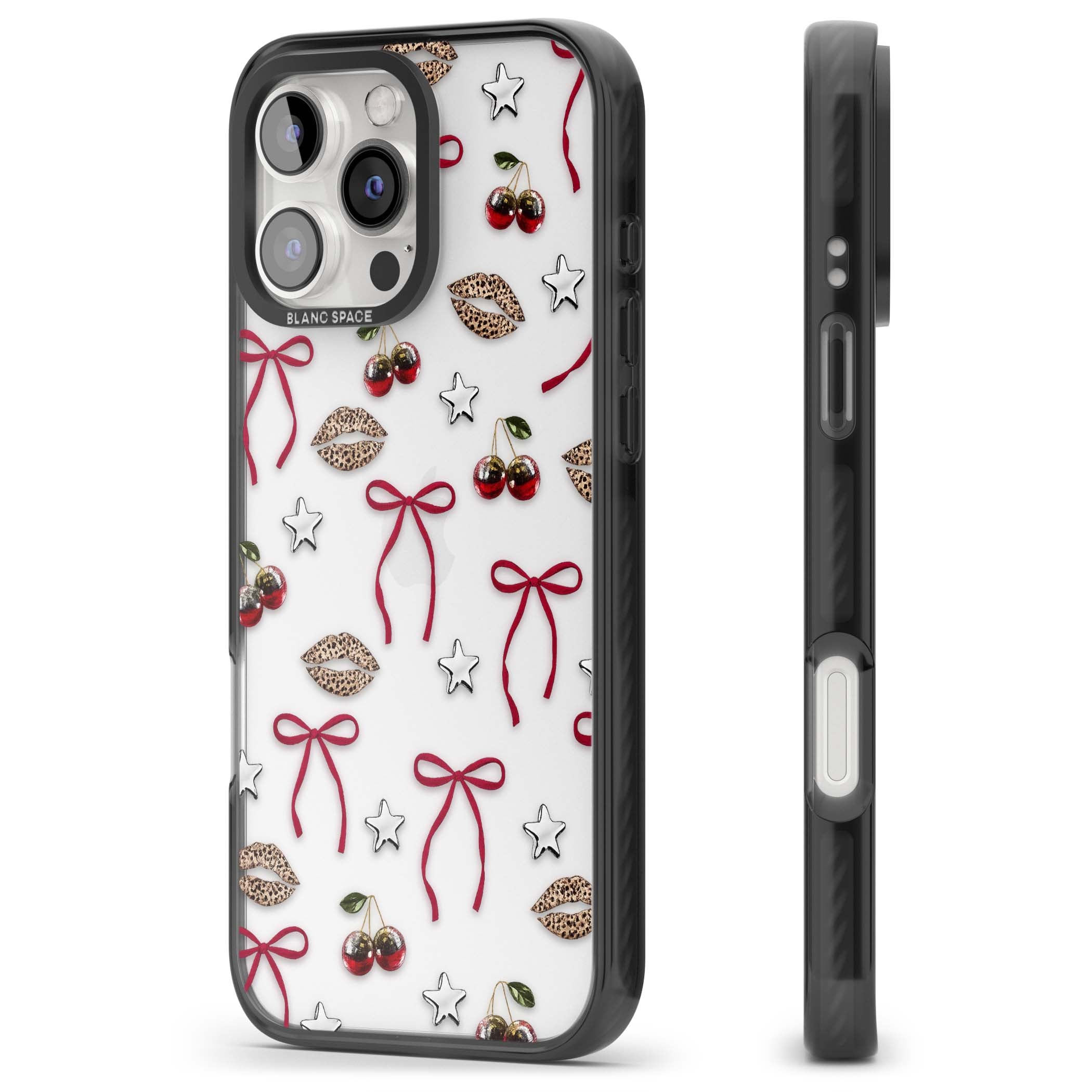 Starlet coquette iPhone case featuring red ribbon bows, disco cherries and leopard-print lips | Black Impact case for iPhone 16 Pro, iPhone 16 Pro Max