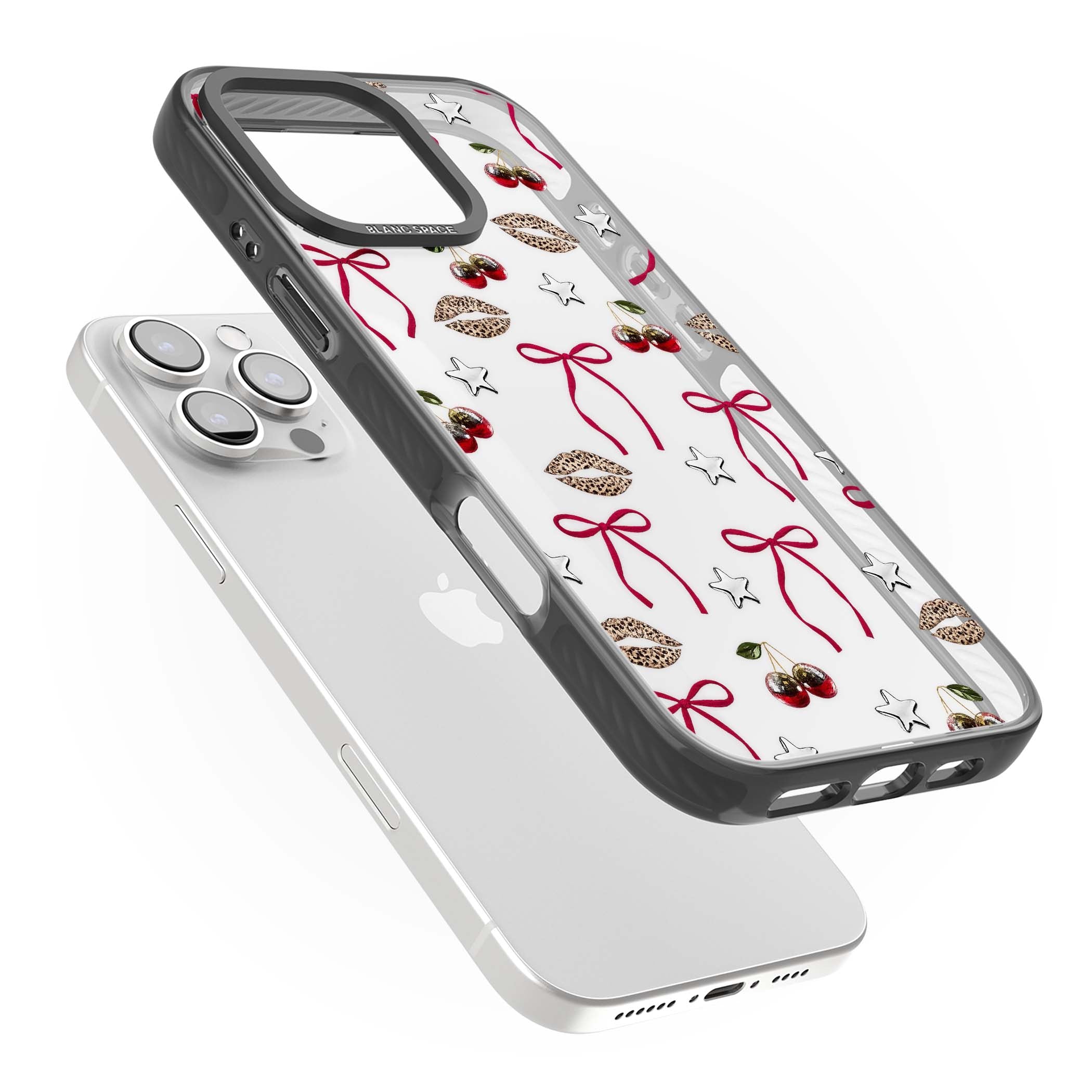 Starlet coquette iPhone case featuring red ribbon bows, disco cherries and leopard-print lips | Black Impact case for iPhone 16 Pro, iPhone 16 Pro Max