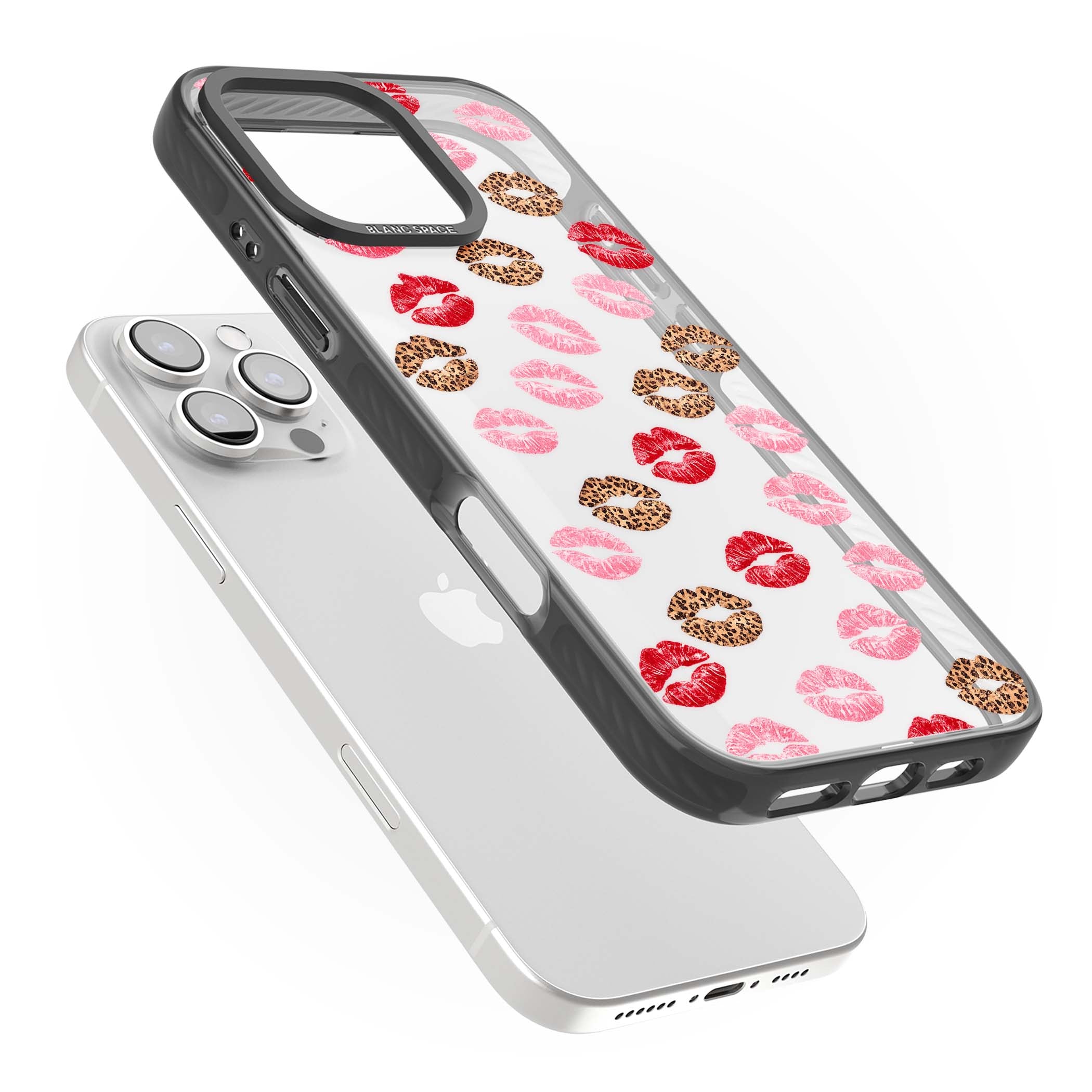 Wild Kisses coquette iPhone case featuring red, pink and leopard print lipstick kiss marks on a clear background | Black Impact case for iPhone 16 Pro, iPhone 16 Pro Max