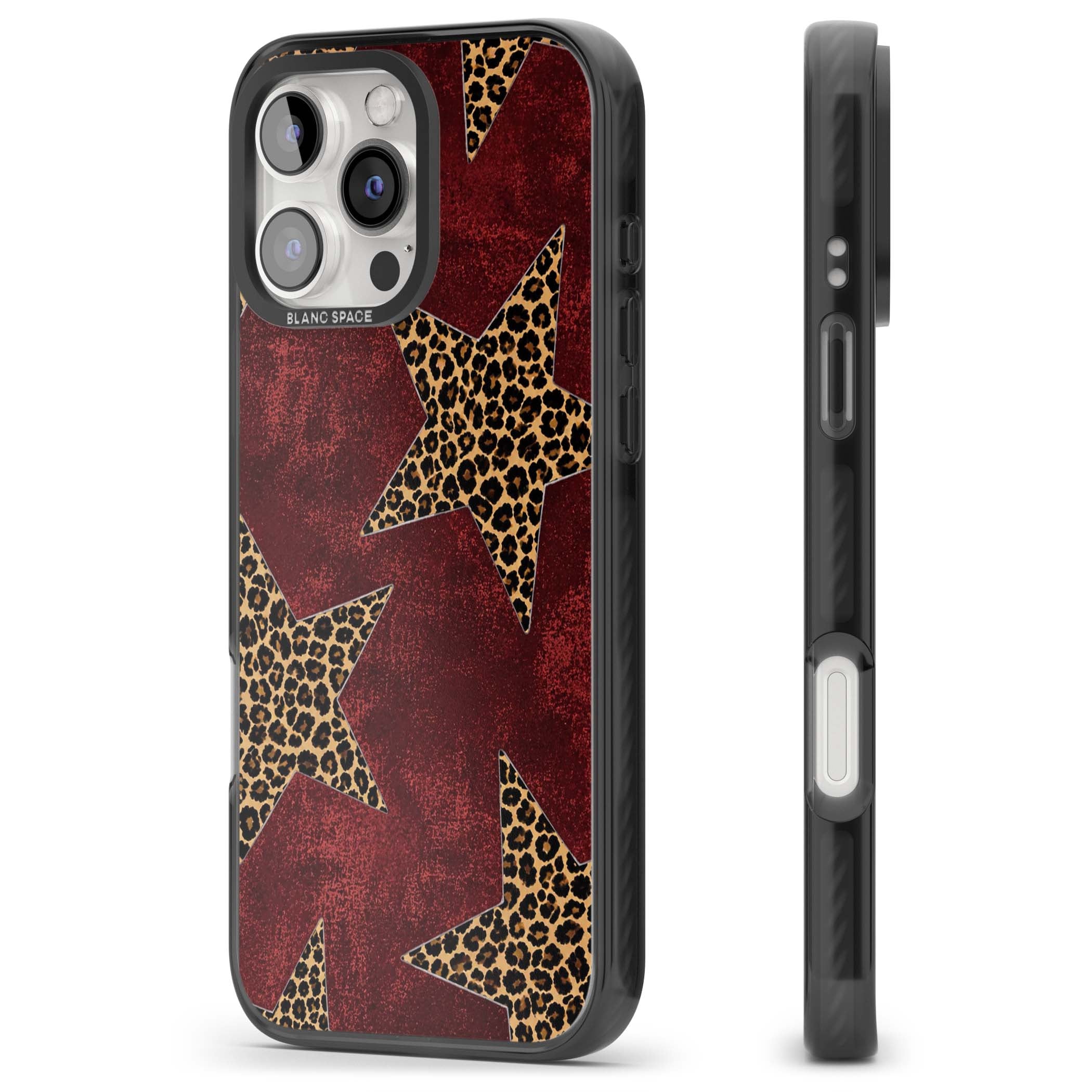Showgirl leopard print iPhone case featuring cheetah print stars on distressed red grunge background | Black Impact case for iPhone 16 Pro, iPhone 16 Pro Max