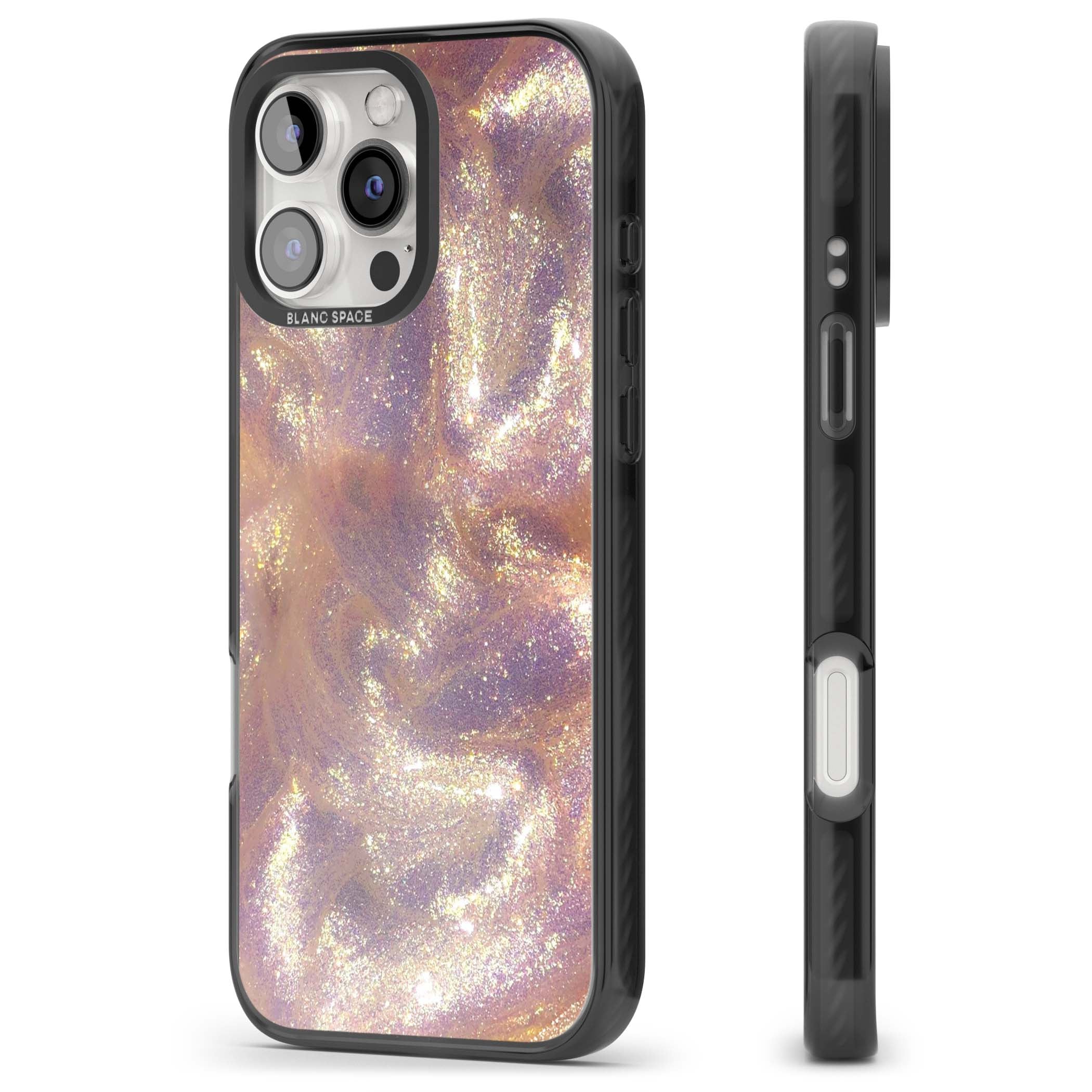 Shimmer marble iPhone case featuring rose gold glitter swirls, lilac shimmer and iridescent pearl finish | Black Impact case for iPhone 16 Pro, iPhone 16 Pro Max