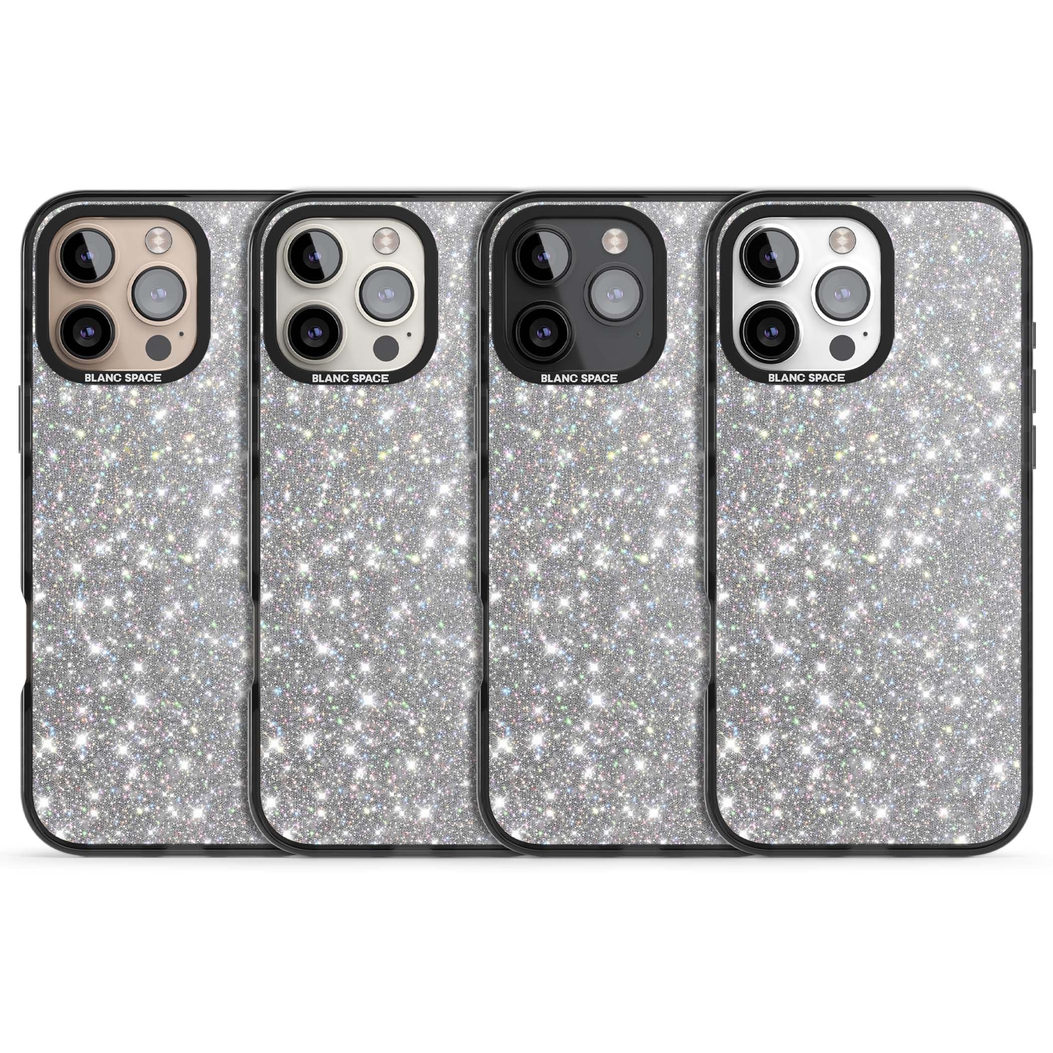 Diamond glam iPhone case featuring silver glitter sparkle and shimmering diamond dust effect | Black Impact case for iPhone 16 Pro, iPhone 16 Pro Max