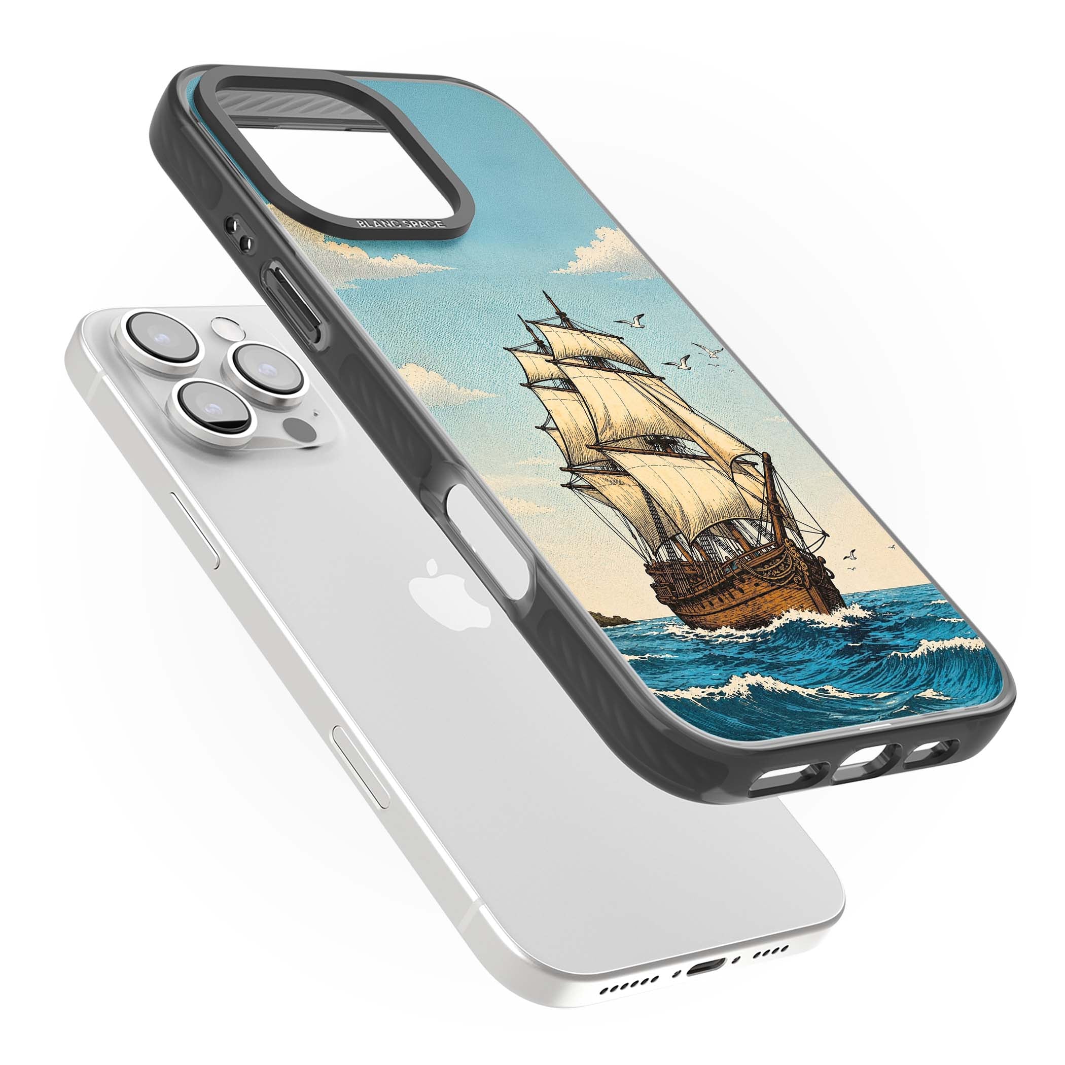 Ship at Sea nautical iPhone case featuring a vintage tall ship, ocean waves and seagulls | Black Impact case for iPhone 16 Pro, iPhone 16 Pro Max