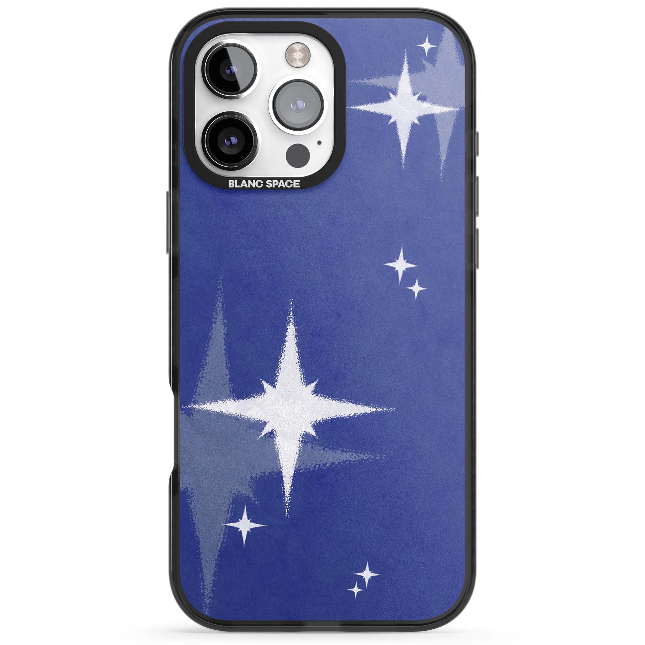 Blue Sparkle celestial iPhone case featuring sparkling silver stars on a deep blue painterly night sky | Black Impact case for iPhone 16 Pro, iPhone 16 Pro Max