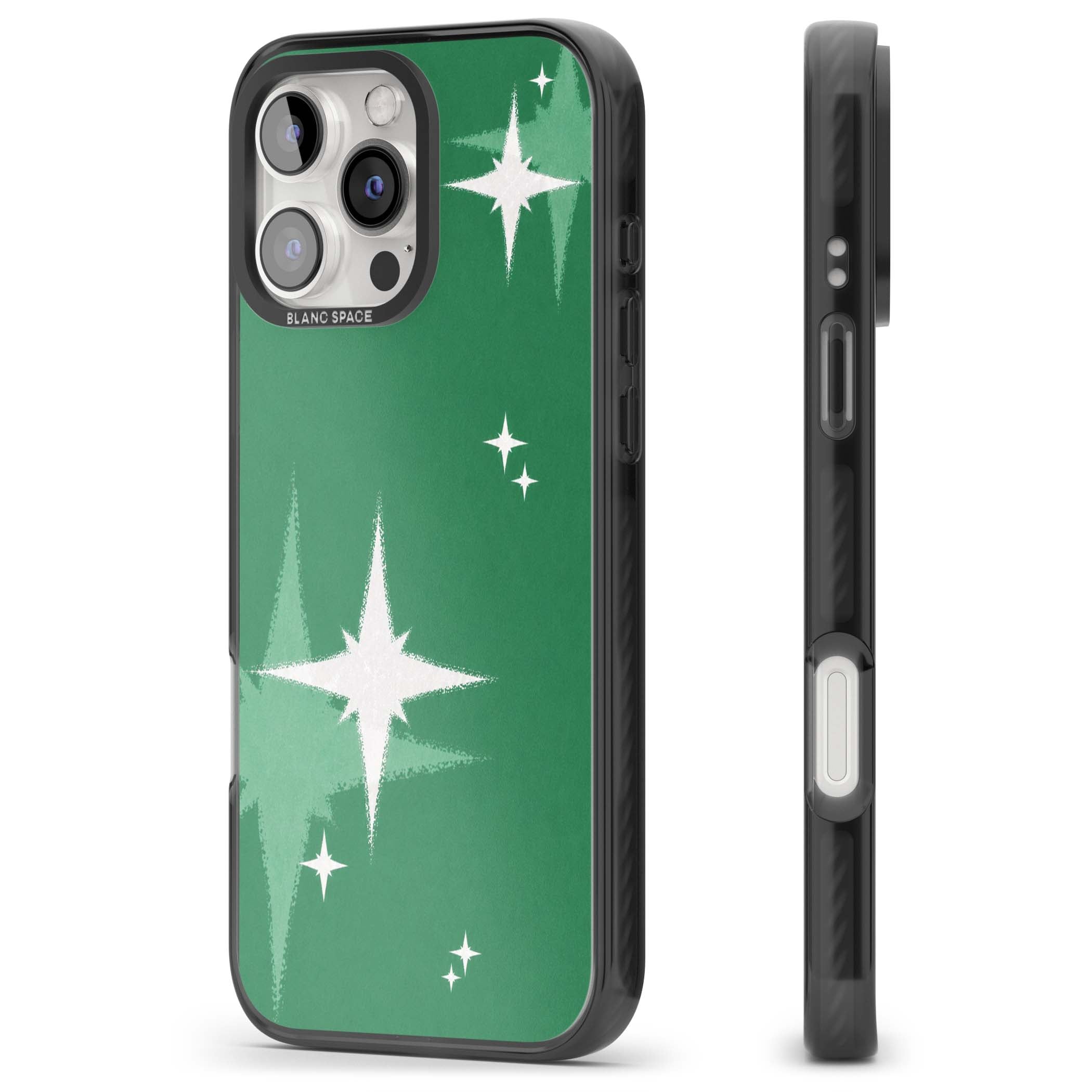 Green Sparkle celestial iPhone case featuring sparkling white four-point stars on a deep green background | Black Impact case for iPhone 16 Pro, iPhone 16 Pro Max