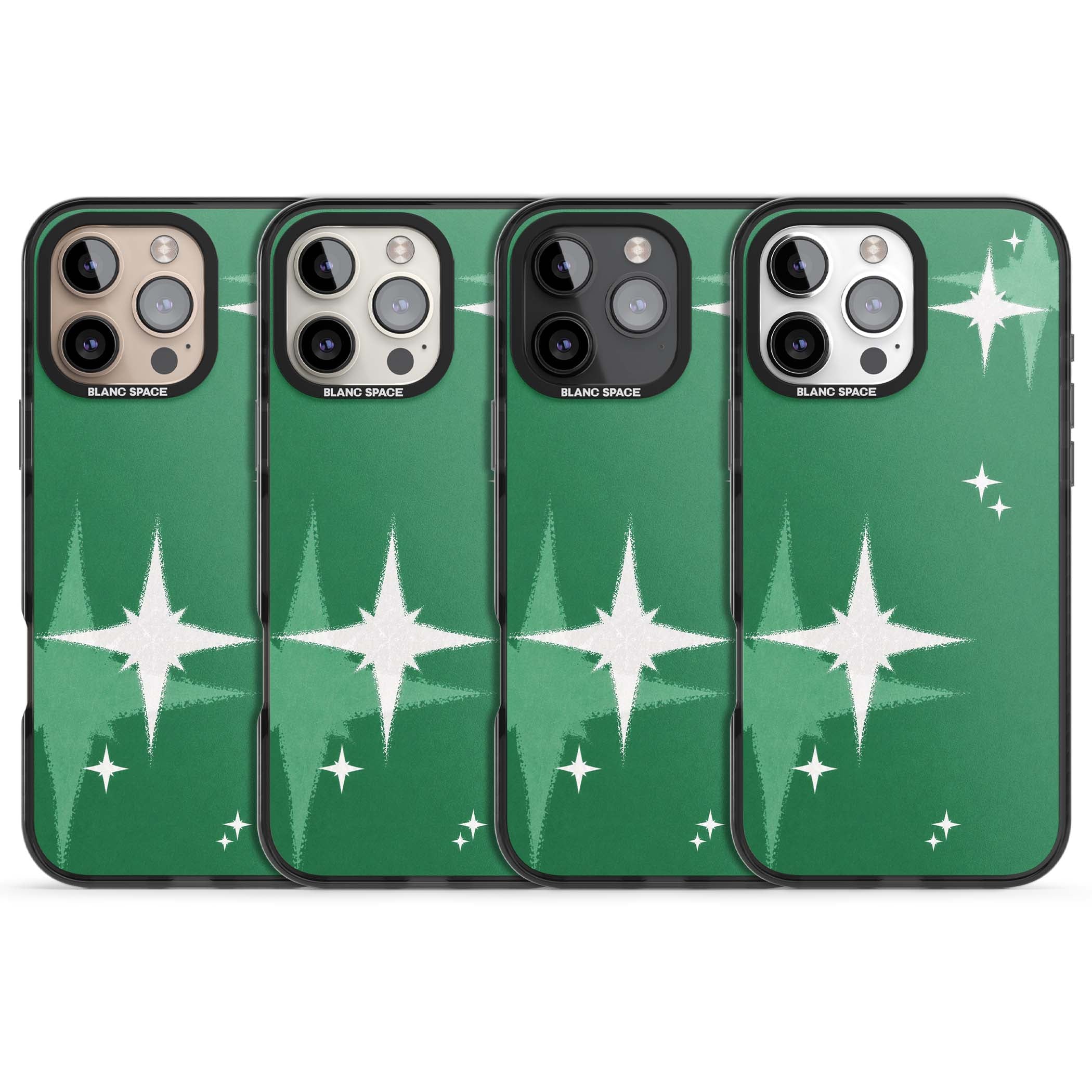 Green Sparkle celestial iPhone case featuring sparkling white four-point stars on a deep green background | Black Impact case for iPhone 16 Pro, iPhone 16 Pro Max