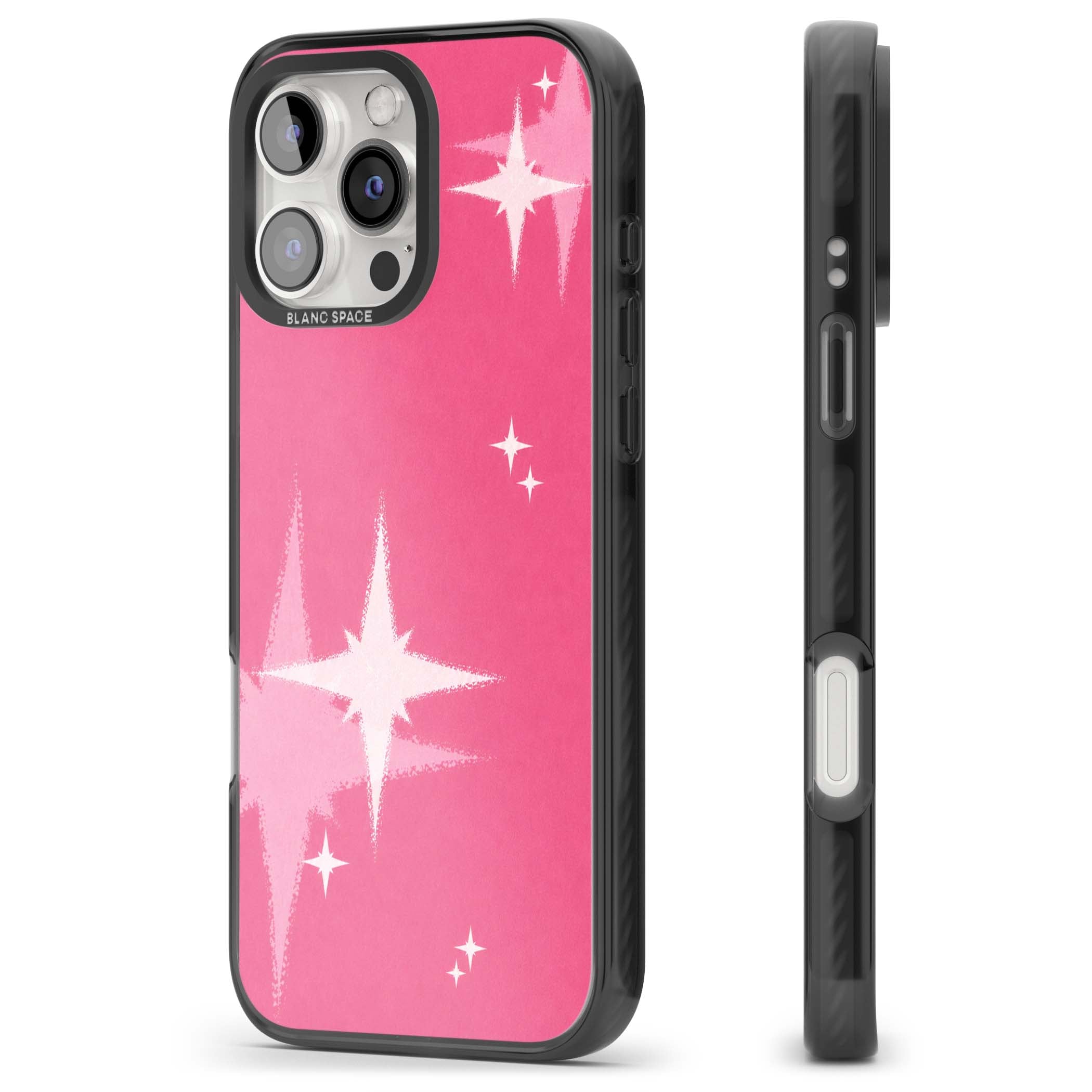 Pink Sparkle Y2K iPhone case featuring hot pink background with shimmering white starburst pattern | Black Impact case for iPhone 16 Pro, iPhone 16 Pro Max