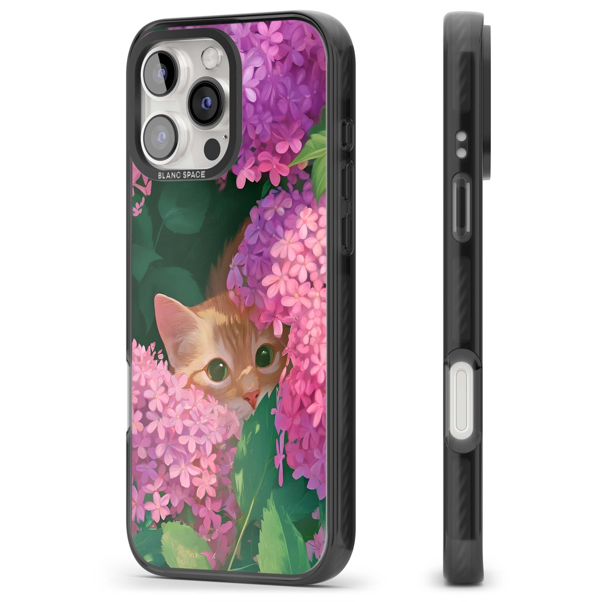 Cat In Pink Flowers cottagecore iPhone case featuring a ginger kitten peeking through lilac and pink hydrangea flo | Black Impact case for iPhone 16 Pro, iPhone 16 Pro Max
