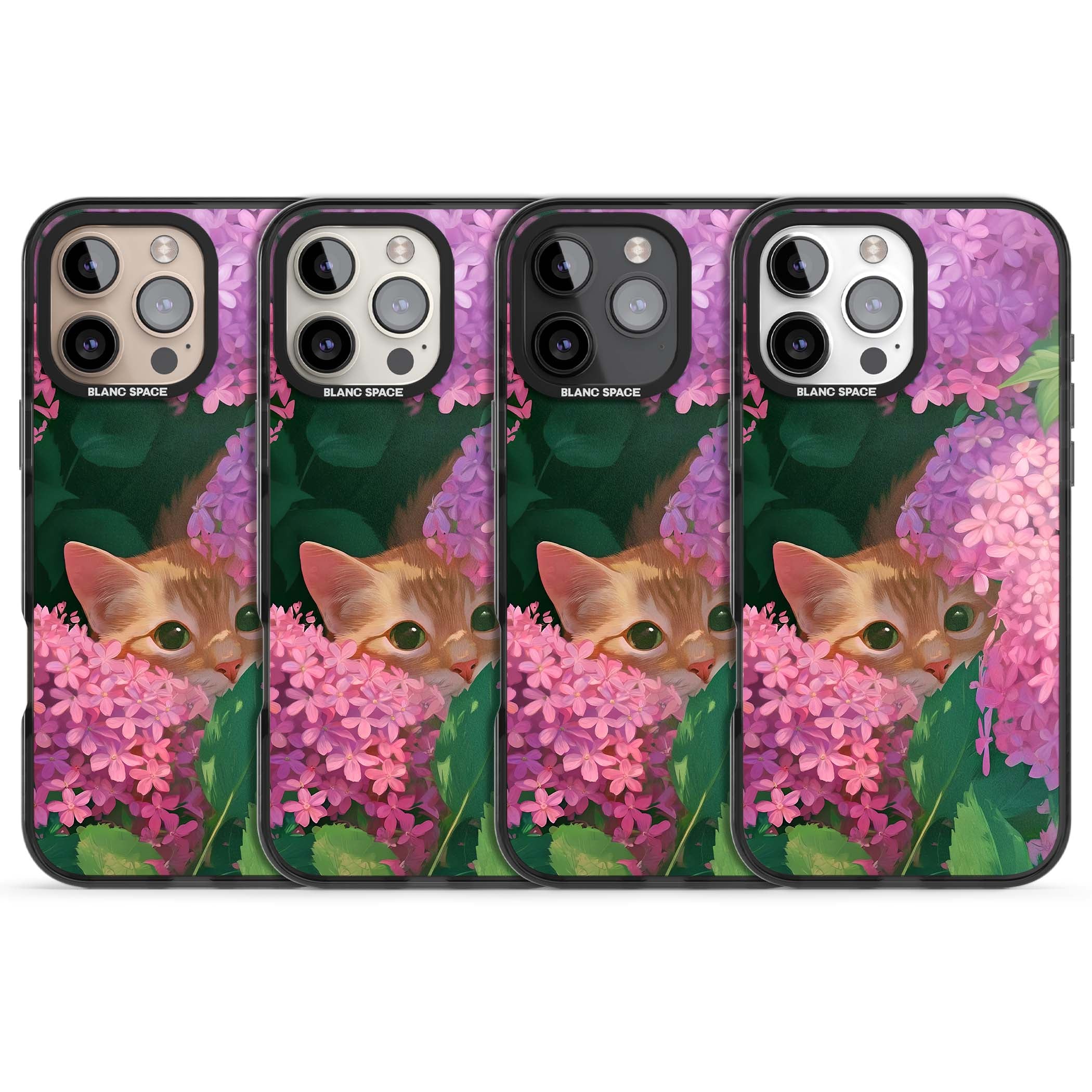 Cat In Pink Flowers cottagecore iPhone case featuring a ginger kitten peeking through lilac and pink hydrangea flo | Black Impact case for iPhone 16 Pro, iPhone 16 Pro Max