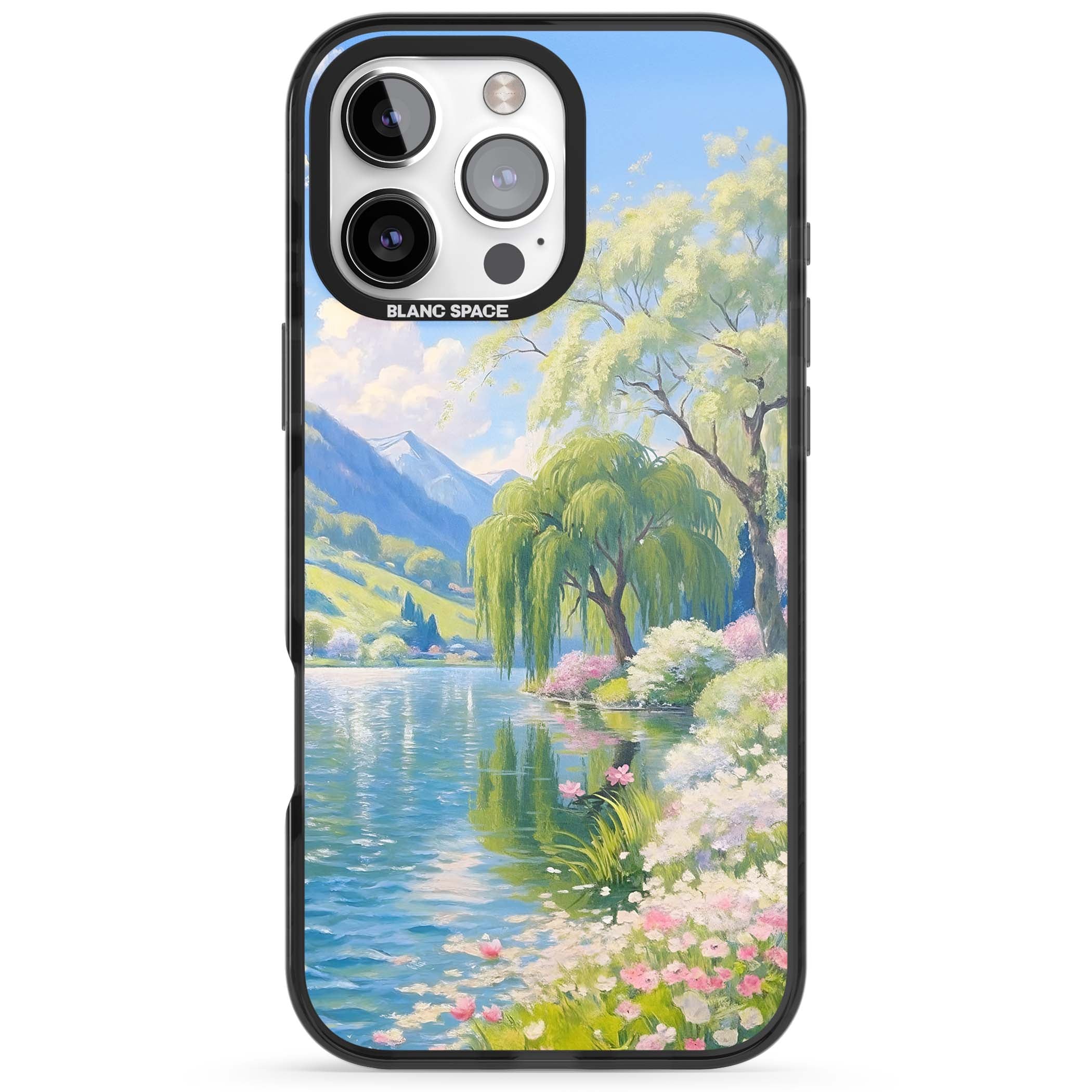 Willow Lake cottagecore iPhone case featuring a painted lakeside with weeping willow, blossoms and distant mountains | Black Impact case for iPhone 16 Pro, iPhone 16 Pro Max