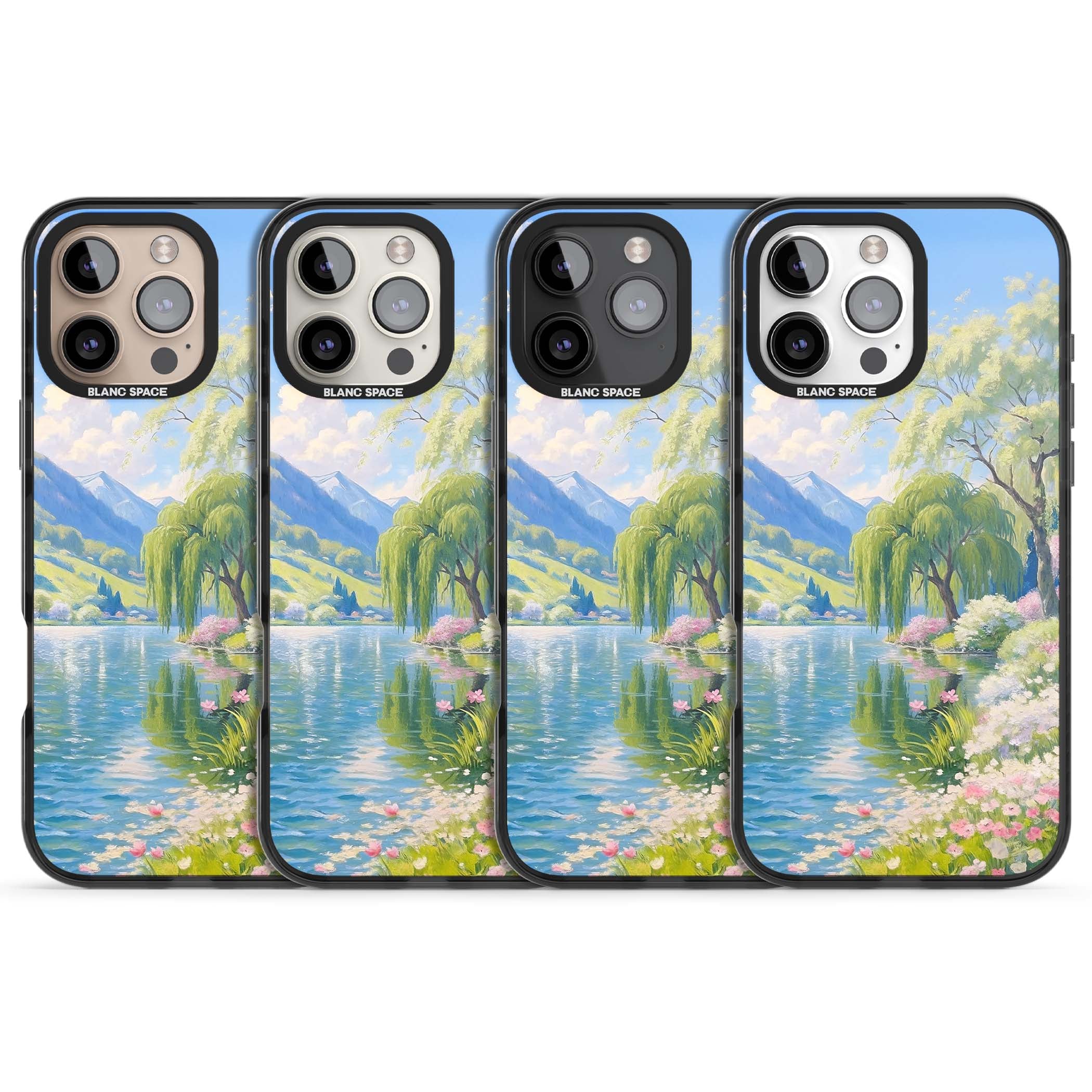 Willow Lake cottagecore iPhone case featuring a painted lakeside with weeping willow, blossoms and distant mountains | Black Impact case for iPhone 16 Pro, iPhone 16 Pro Max
