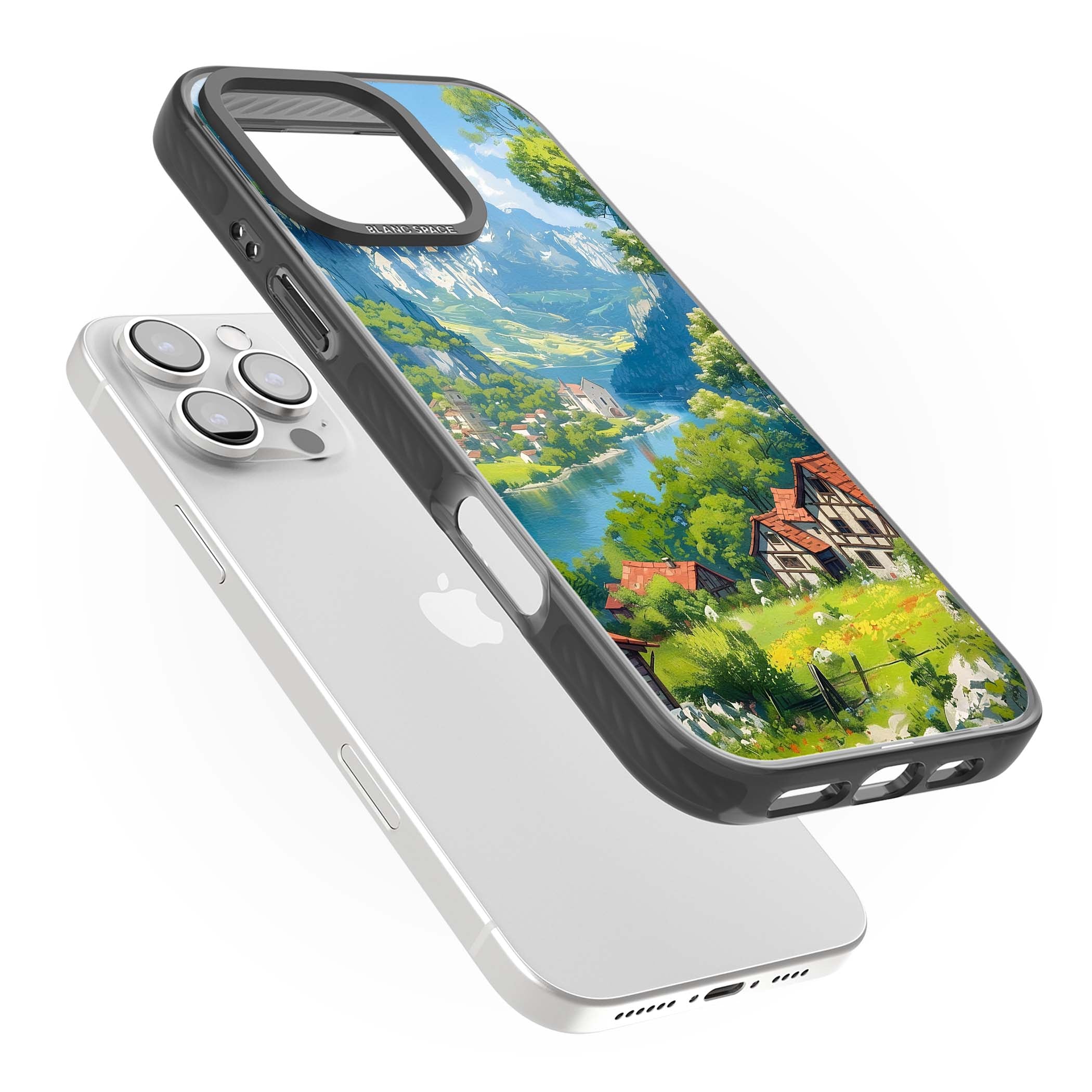 Village In The Valley anime iPhone case featuring a painted mountain village, river valley and half-timbered cottages. | Black Impact case for iPhone 16 Pro, iPhone 16 Pro Max