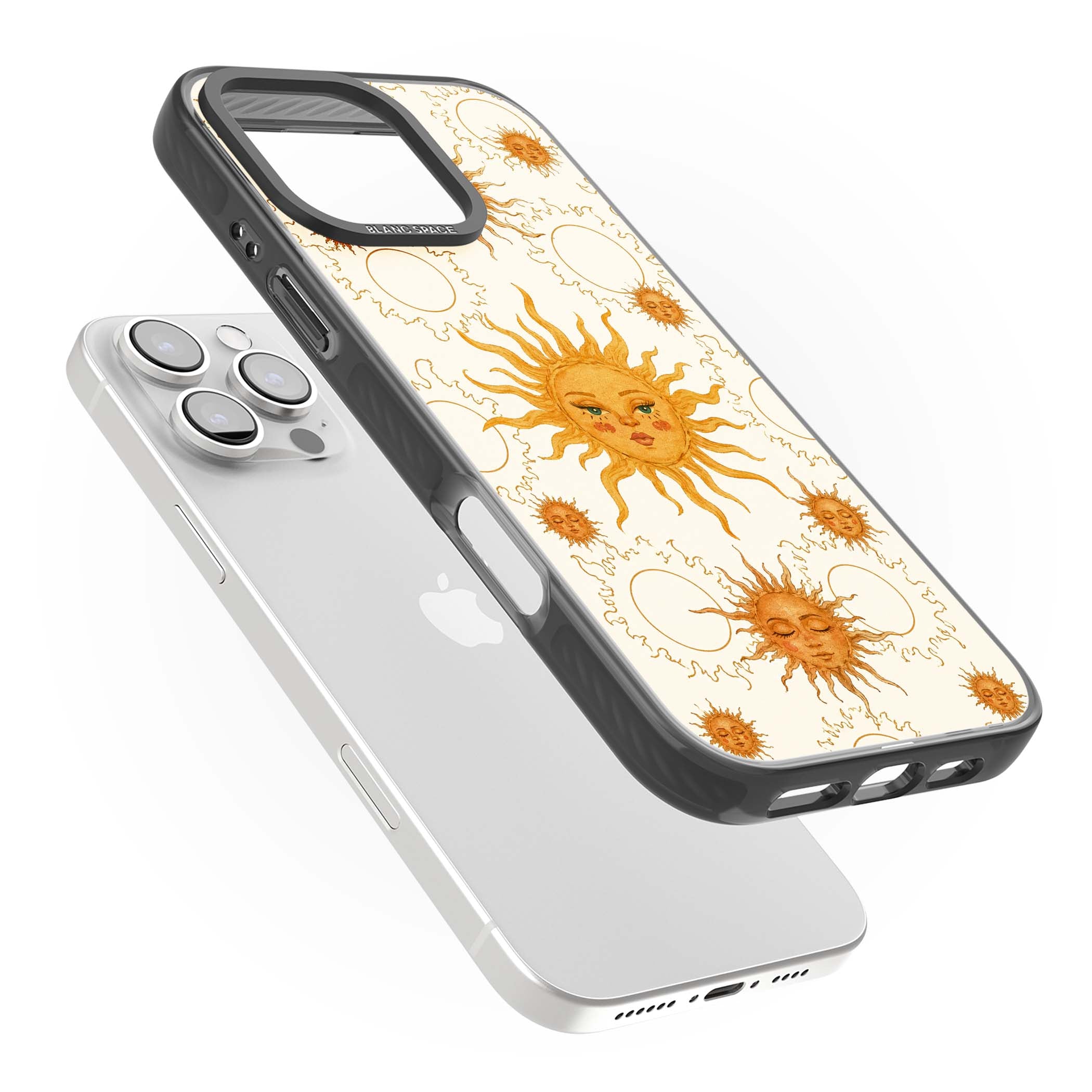 Solstice Muse celestial iPhone case featuring hand-painted golden sun faces, closed-eye sun goddesses and outlined moons... | Black Impact case for iPhone 16 Pro, iPhone 16 Pro Max