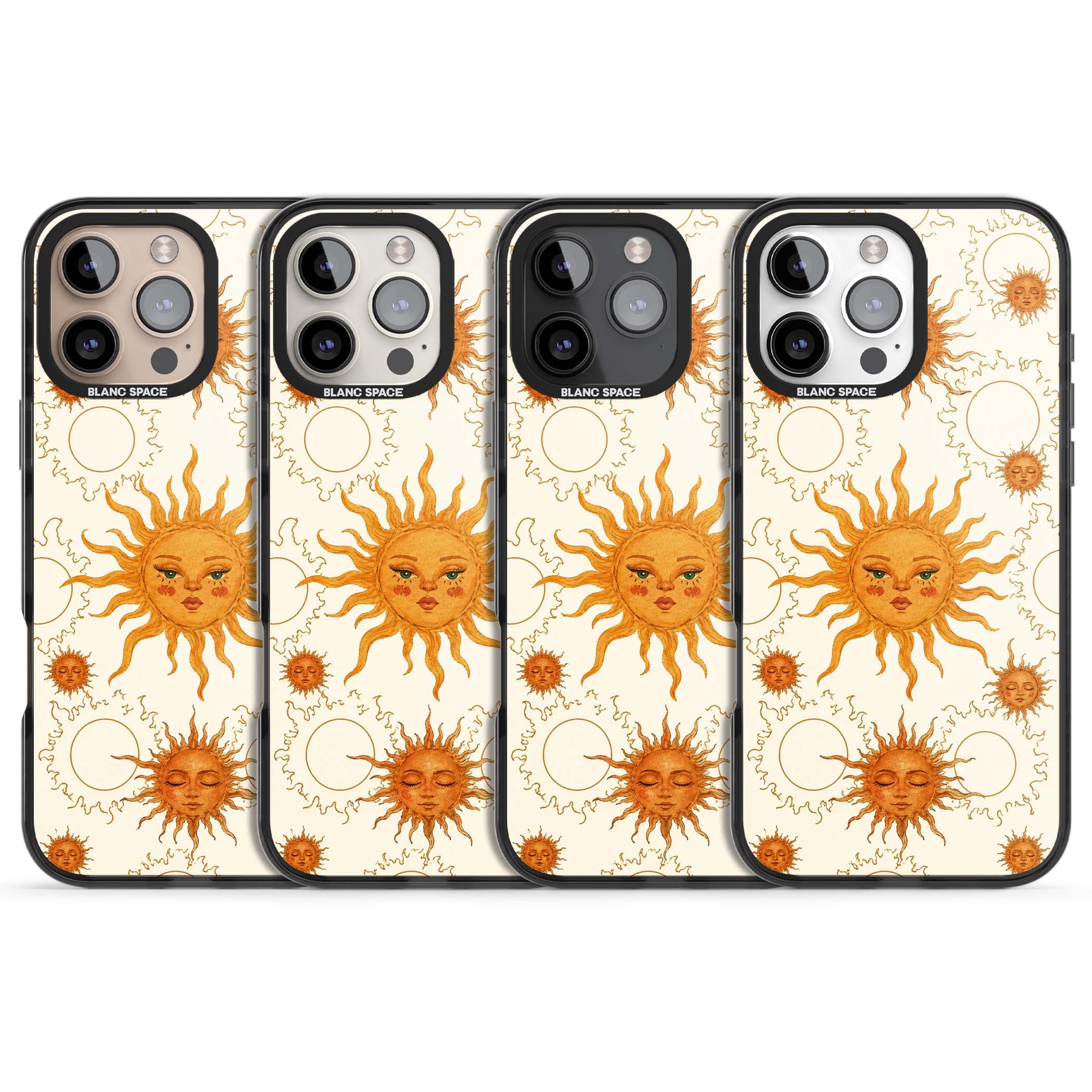 Solstice Muse celestial iPhone case featuring hand-painted golden sun faces, closed-eye sun goddesses and outlined moons... | Black Impact case for iPhone 16 Pro, iPhone 16 Pro Max