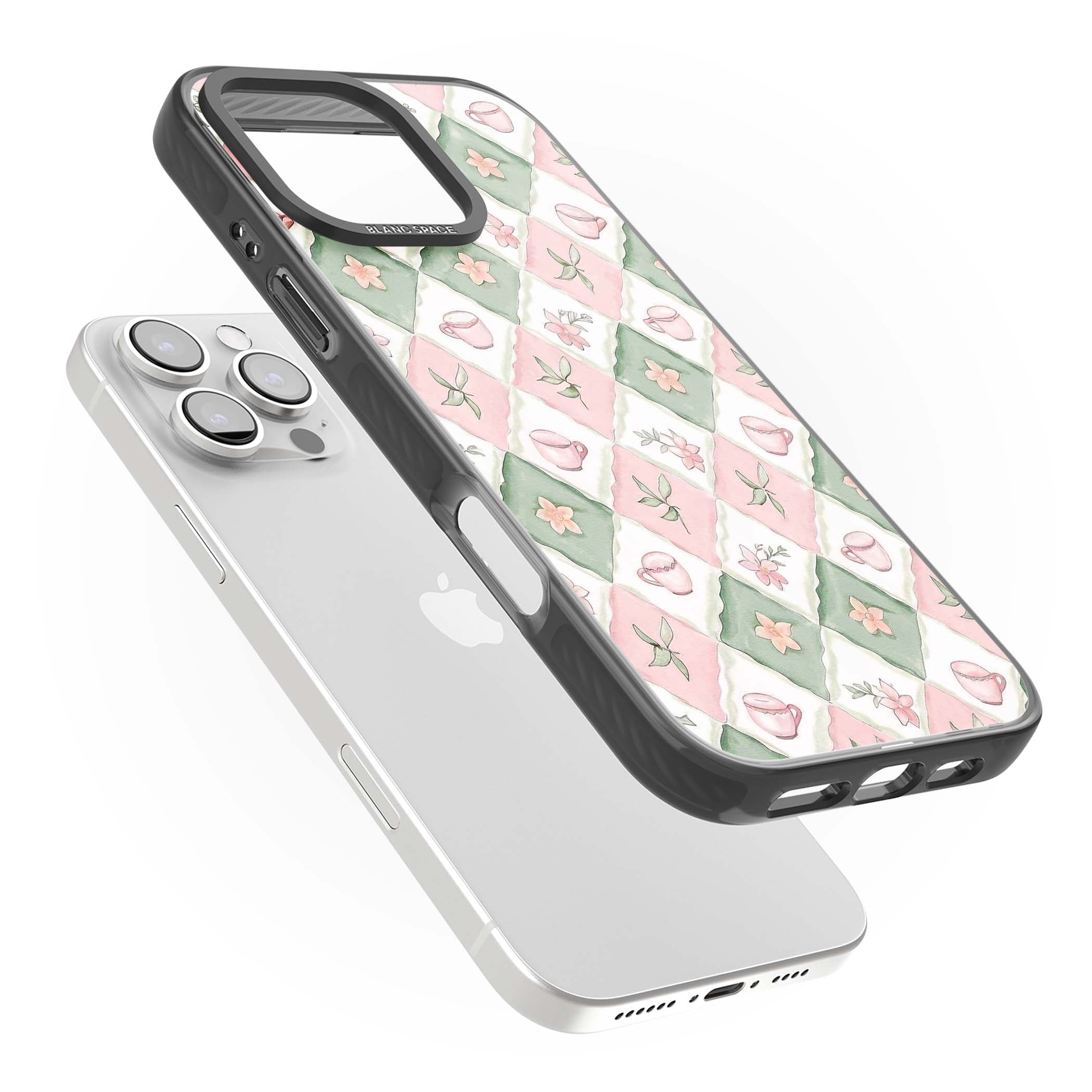 Garden Tea Party coquette iPhone case with pink and green checkered pattern, watercolour teacups and wildflowers | Black Impact case for iPhone 16 Pro, iPhone 16 Pro Max