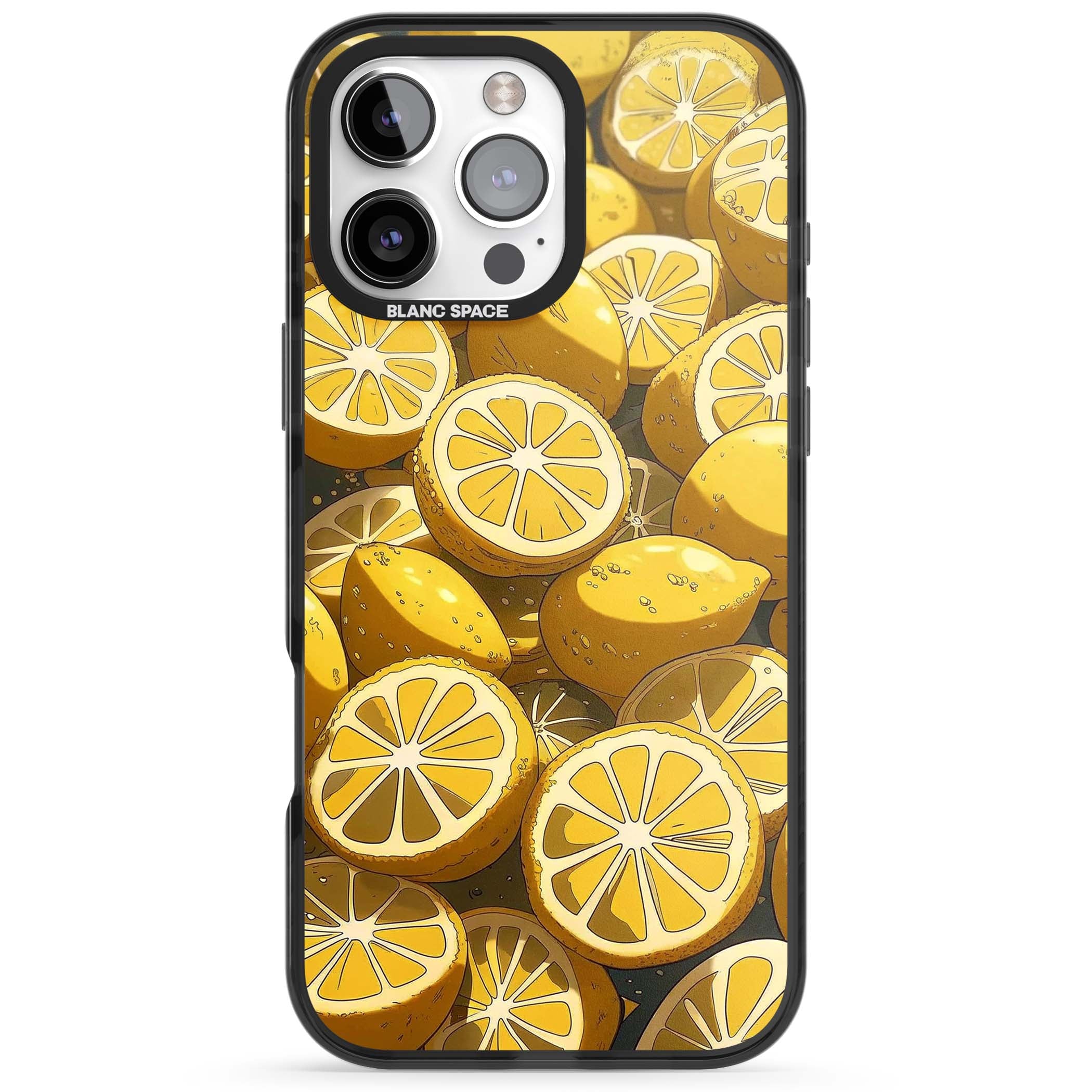 Zesty coastal iPhone case featuring illustrated Mediterranean lemons and citrus slices in golden yellow | Black Impact case for iPhone 16 Pro, iPhone 16 Pro Max