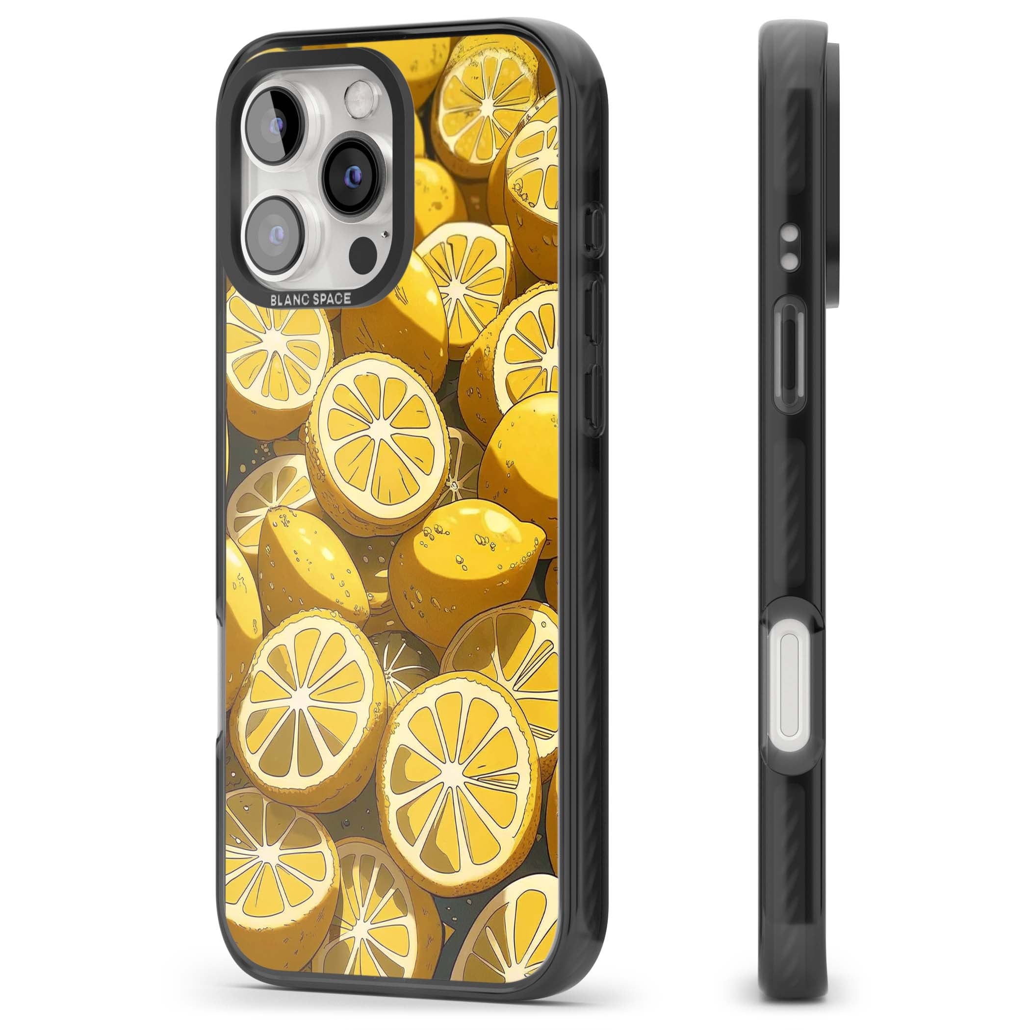 Zesty coastal iPhone case featuring illustrated Mediterranean lemons and citrus slices in golden yellow | Black Impact case for iPhone 16 Pro, iPhone 16 Pro Max