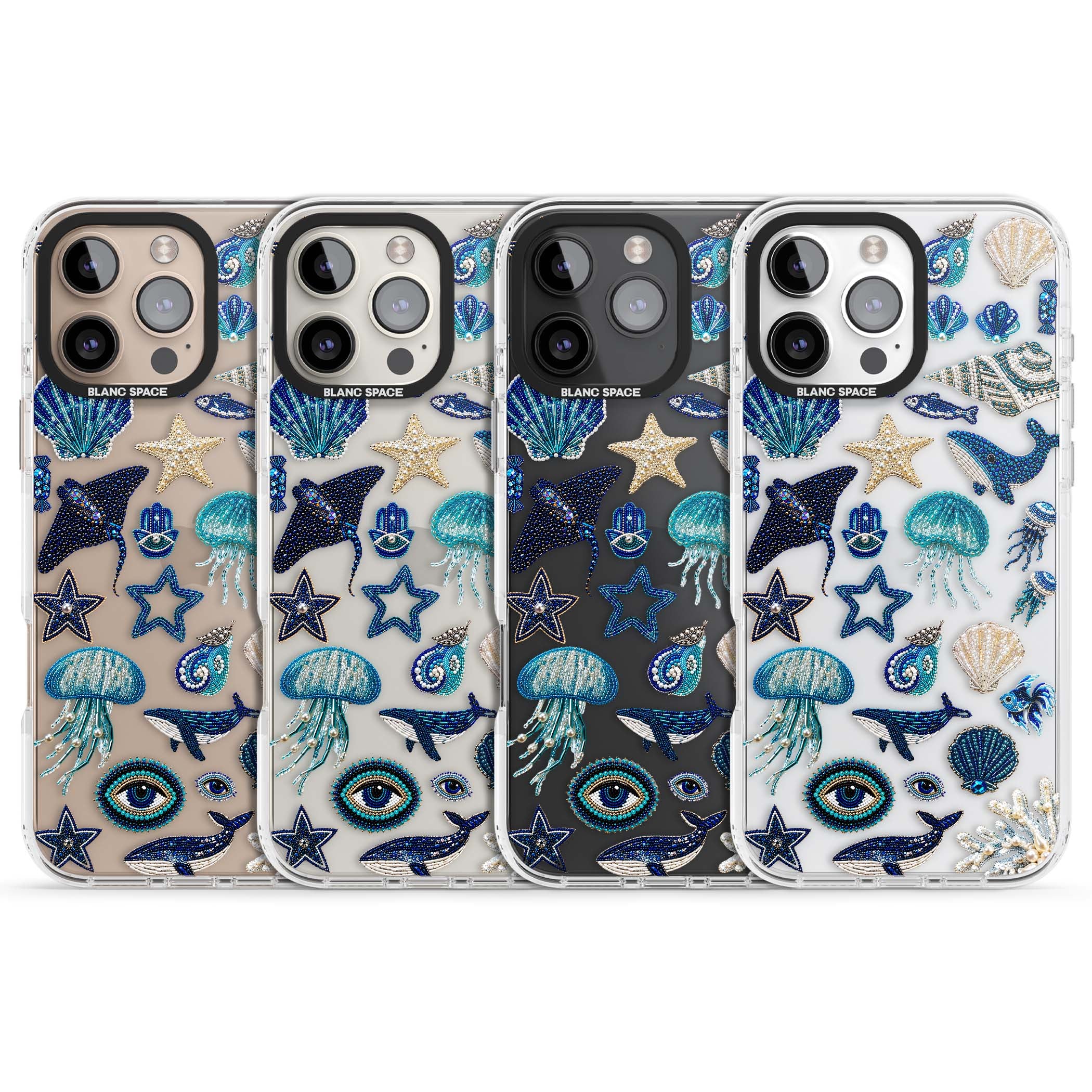 Beaded Coastal coastal iPhone case featuring embroidered seashells, jellyfish and a blue whale on clear | Clear Impact case for iPhone 16 Pro, iPhone 16 Pro Max