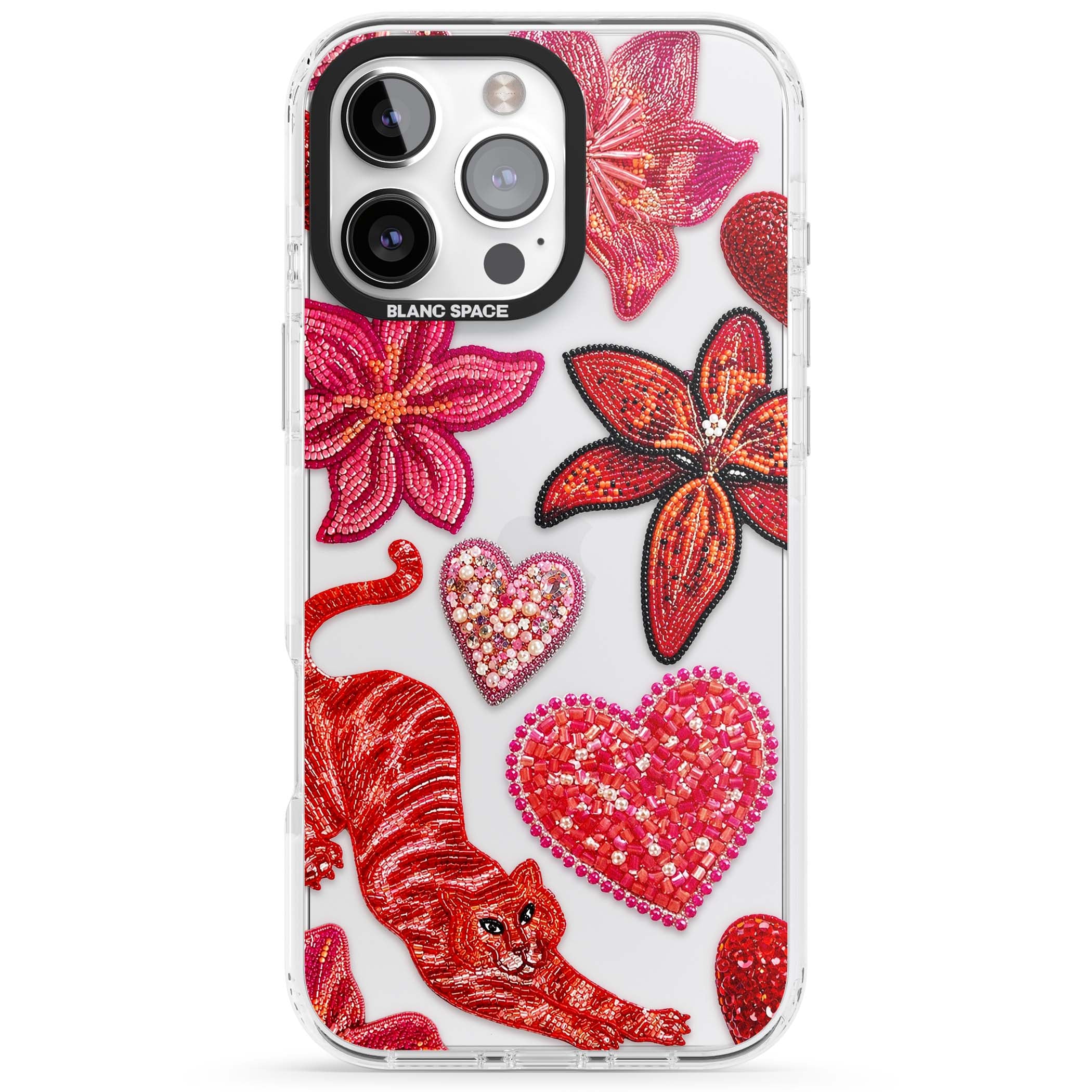 Beaded Boho floral iPhone case featuring beaded red lilies, a stitched tiger, and pearl-encrusted hearts on clear | Clear Impact case for iPhone 16 Pro, iPhone 16 Pro Max