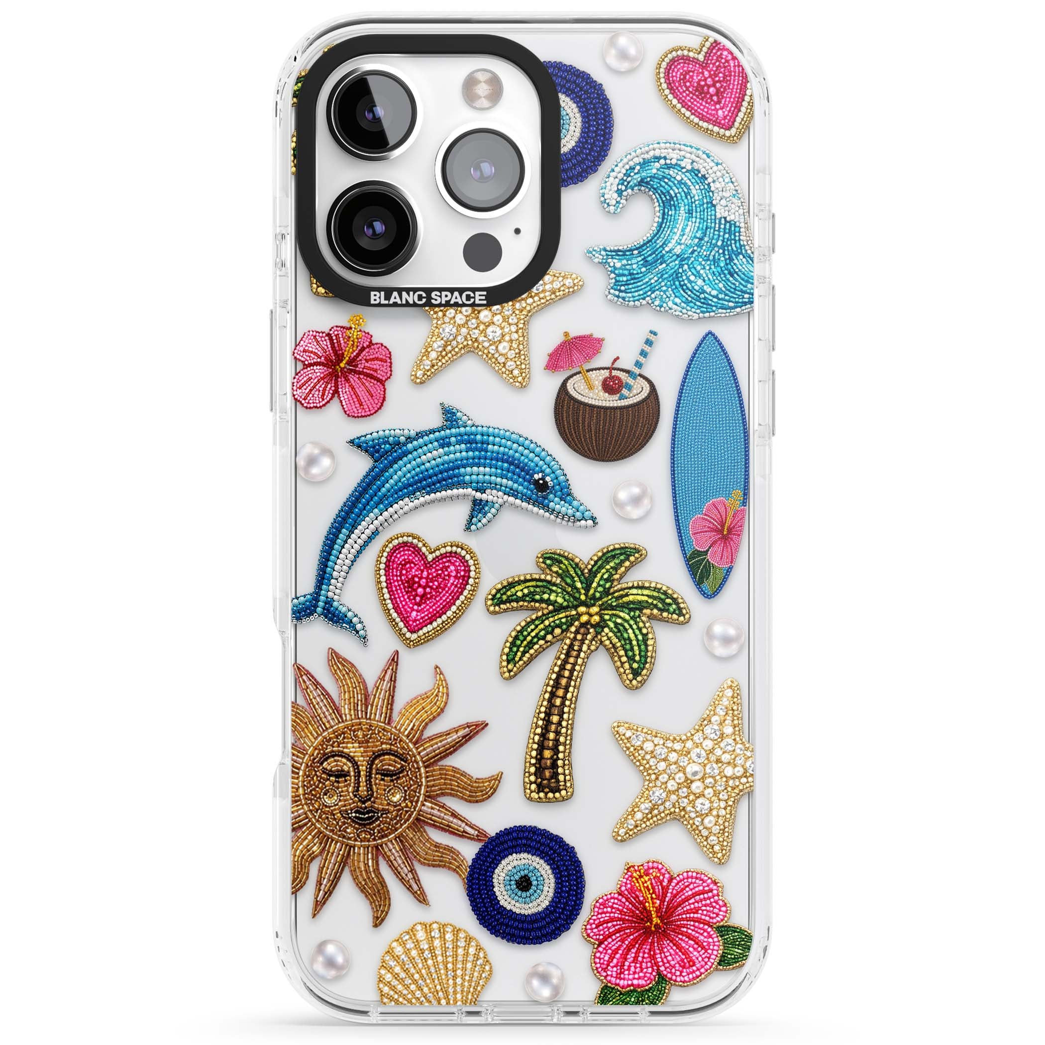 Beaded Beach coastal summer iPhone case featuring embroidered evil eye, hibiscus flowers, dolphin and palm tree patches | Clear Impact case for iPhone 16 Pro, iPhone 16 Pro Max