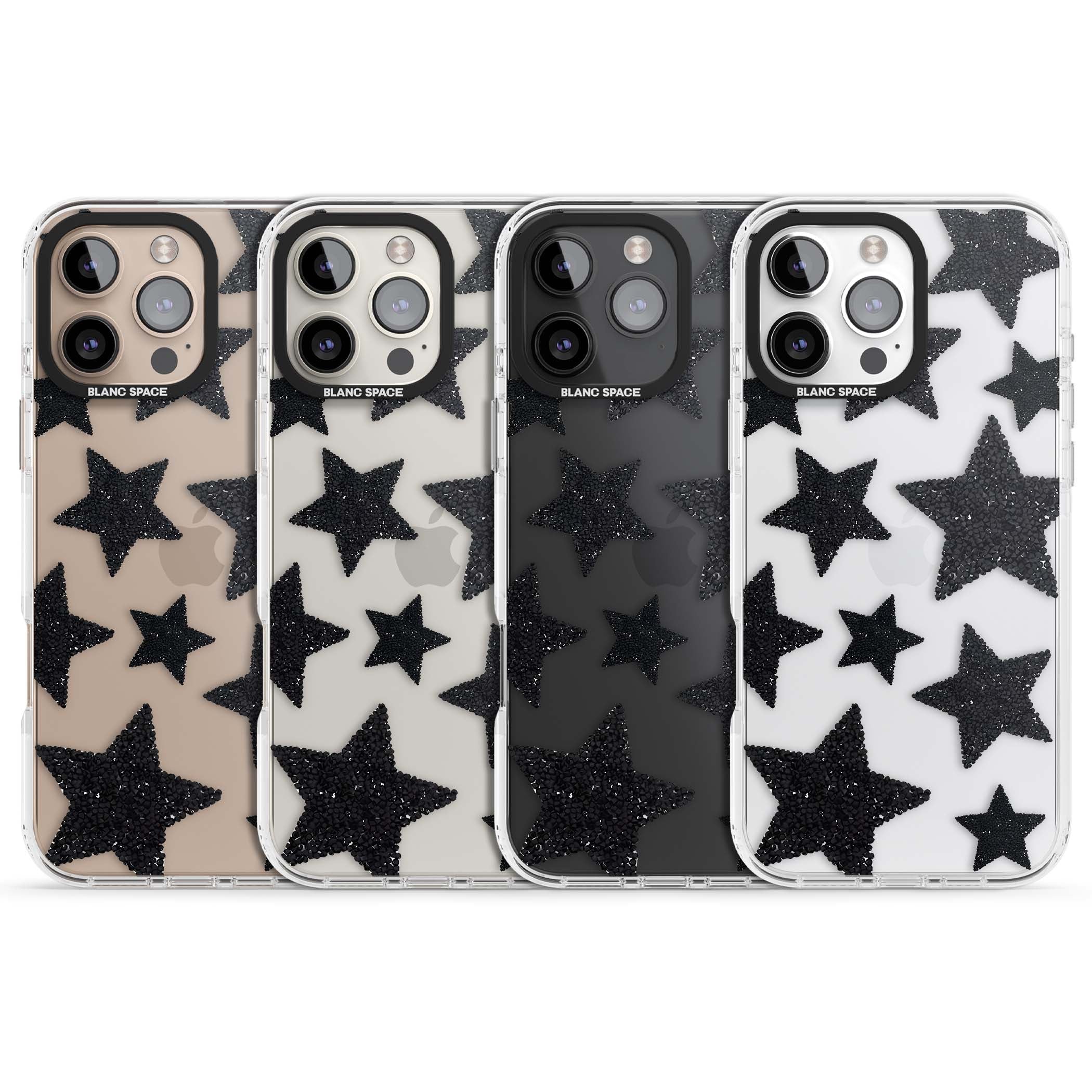Beaded Black Stars celestial iPhone case featuring black glitter beaded stars scattered on a clear background | Clear Impact case for iPhone 16 Pro, iPhone 16 Pro Max