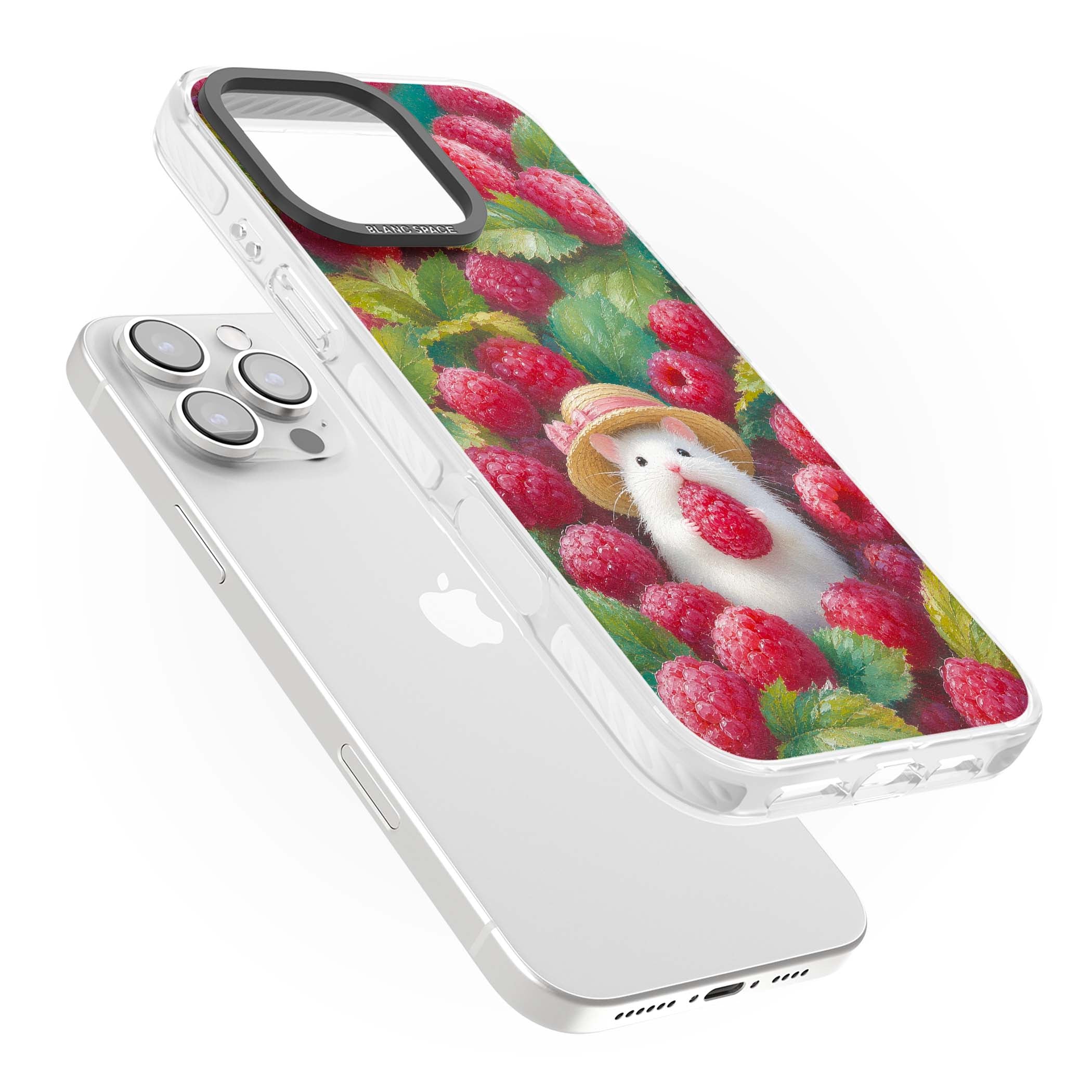 Berry Forager cottagecore iPhone case featuring a white hamster in a straw hat holding a raspberry surrounded by ripe ber | Clear Impact case for iPhone 16 Pro, iPhone 16 Pro Max