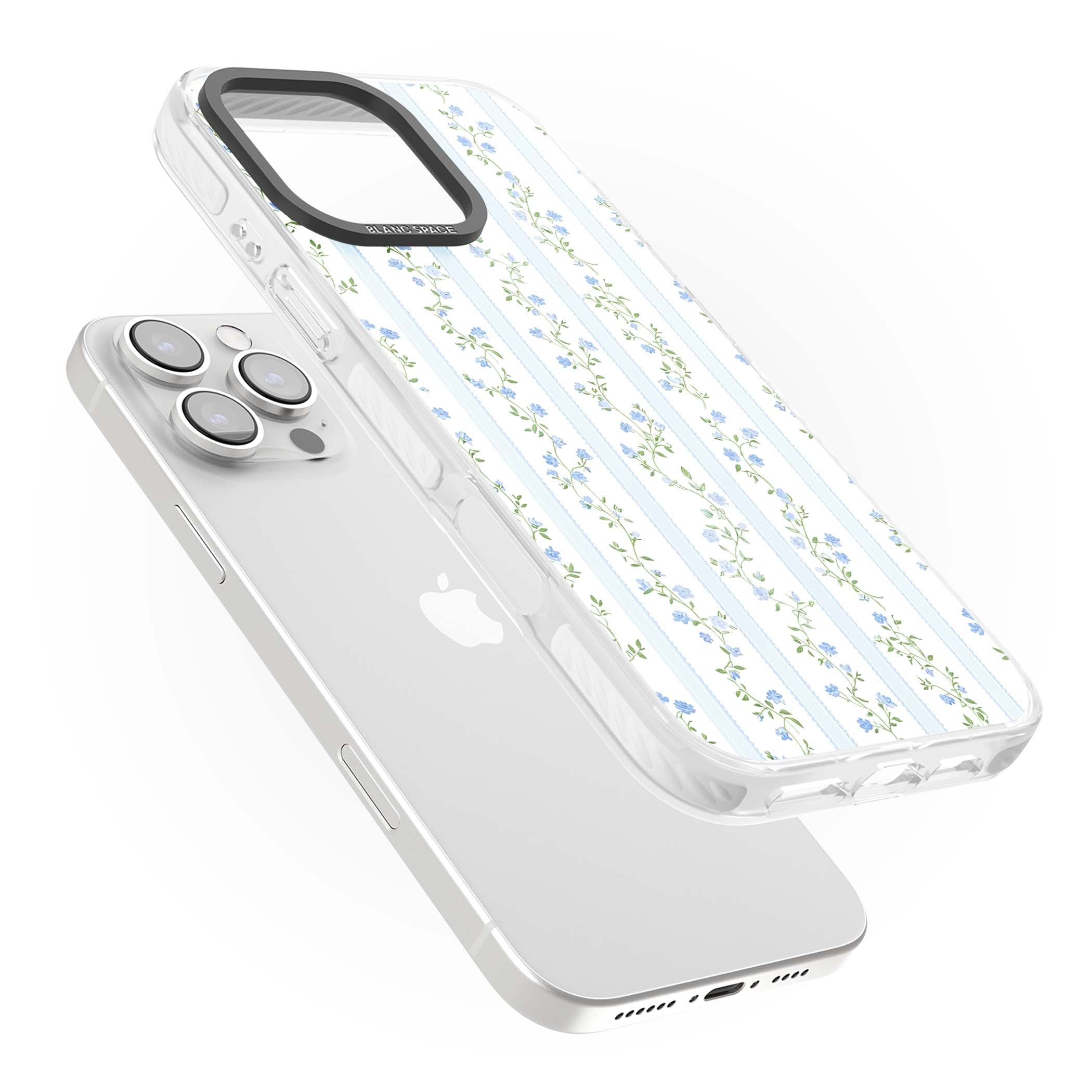 Bluebell Vine cottagecore iPhone case featuring climbing blue roses, trailing green vines, and pale ticking stripes | Clear Impact case for iPhone 16 Pro, iPhone 16 Pro Max