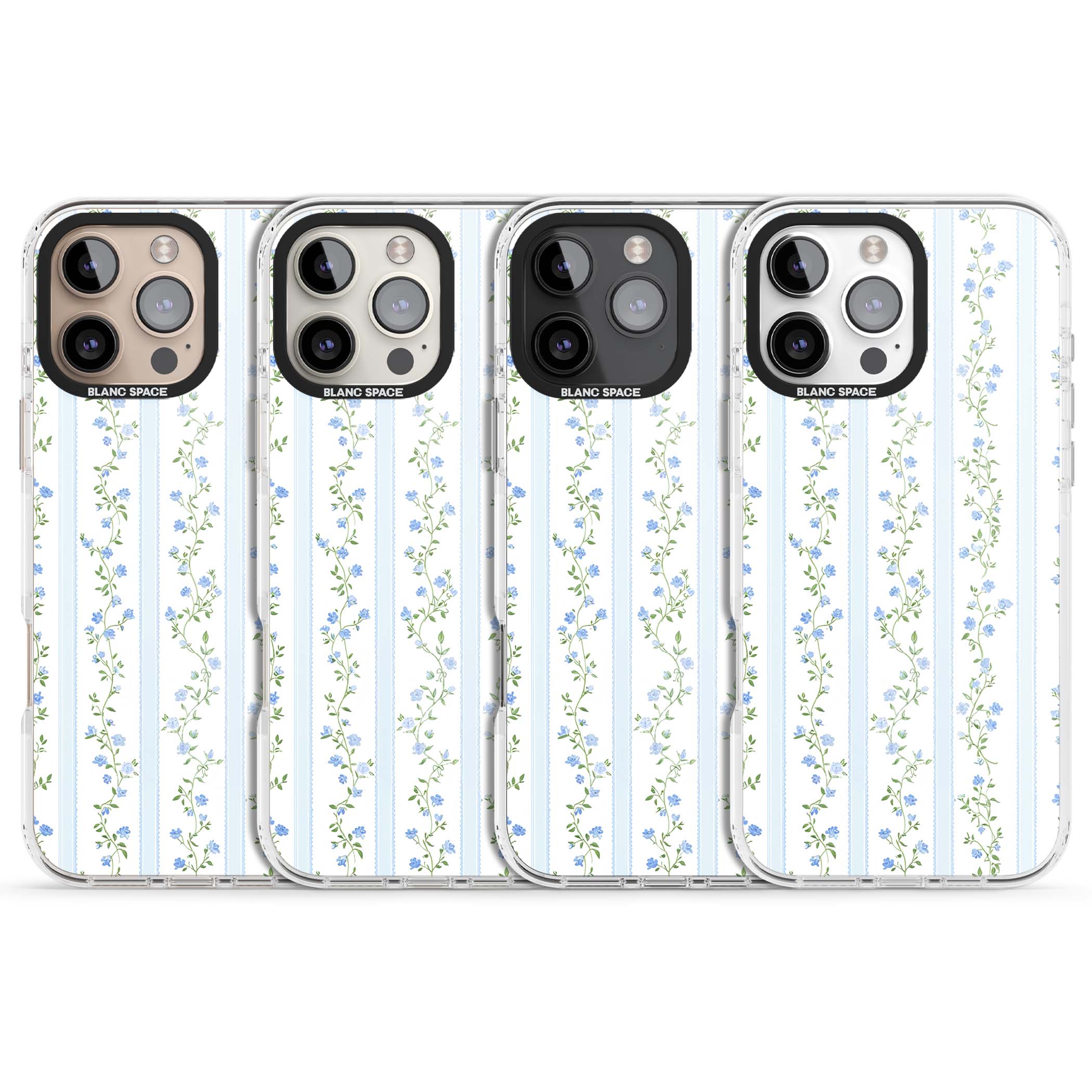 Bluebell Vine cottagecore iPhone case featuring climbing blue roses, trailing green vines, and pale ticking stripes | Clear Impact case for iPhone 16 Pro, iPhone 16 Pro Max