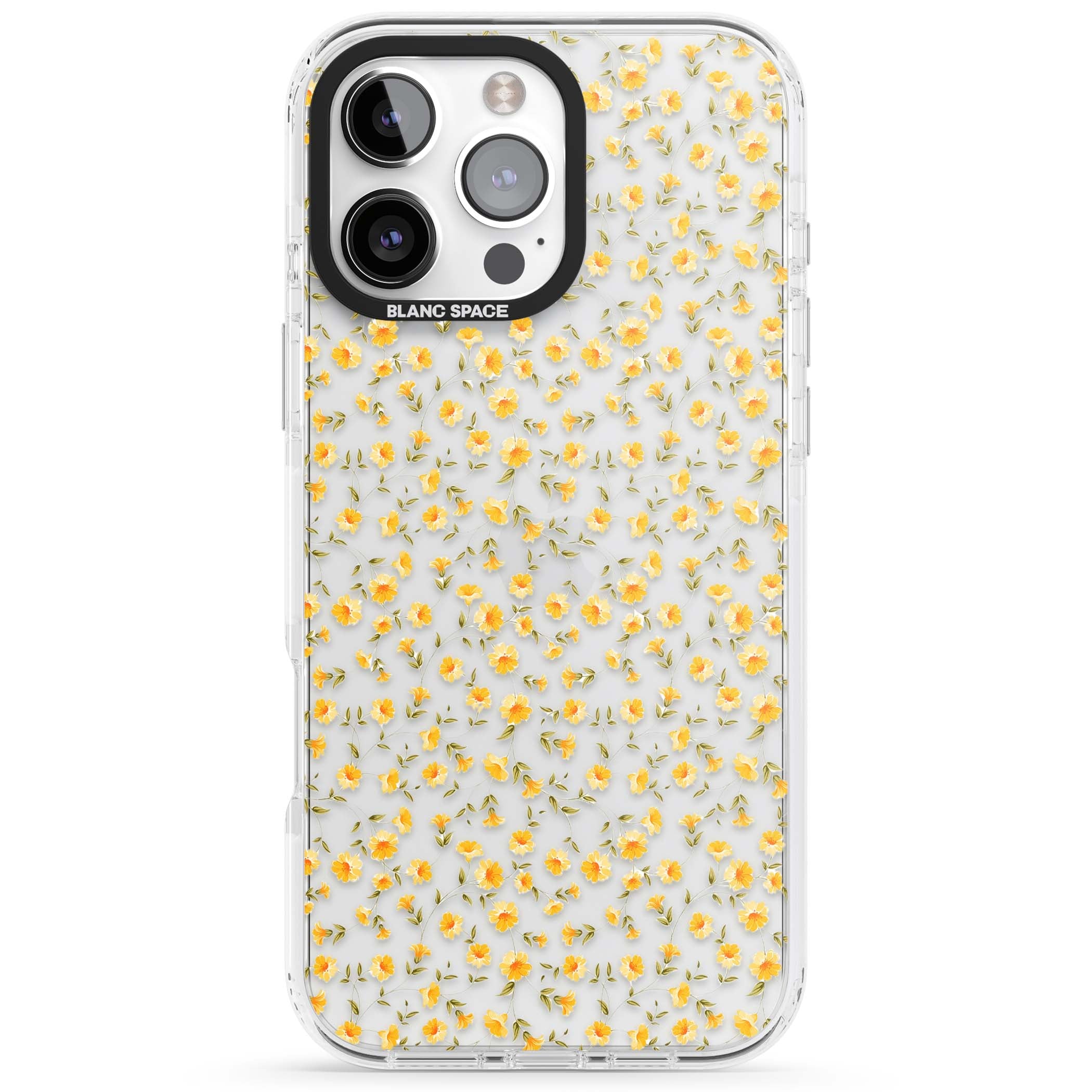 Buttercup wildflower iPhone case featuring tiny yellow flowers and trailing green vines on clear | Clear Impact case for iPhone 16 Pro, iPhone 16 Pro Max