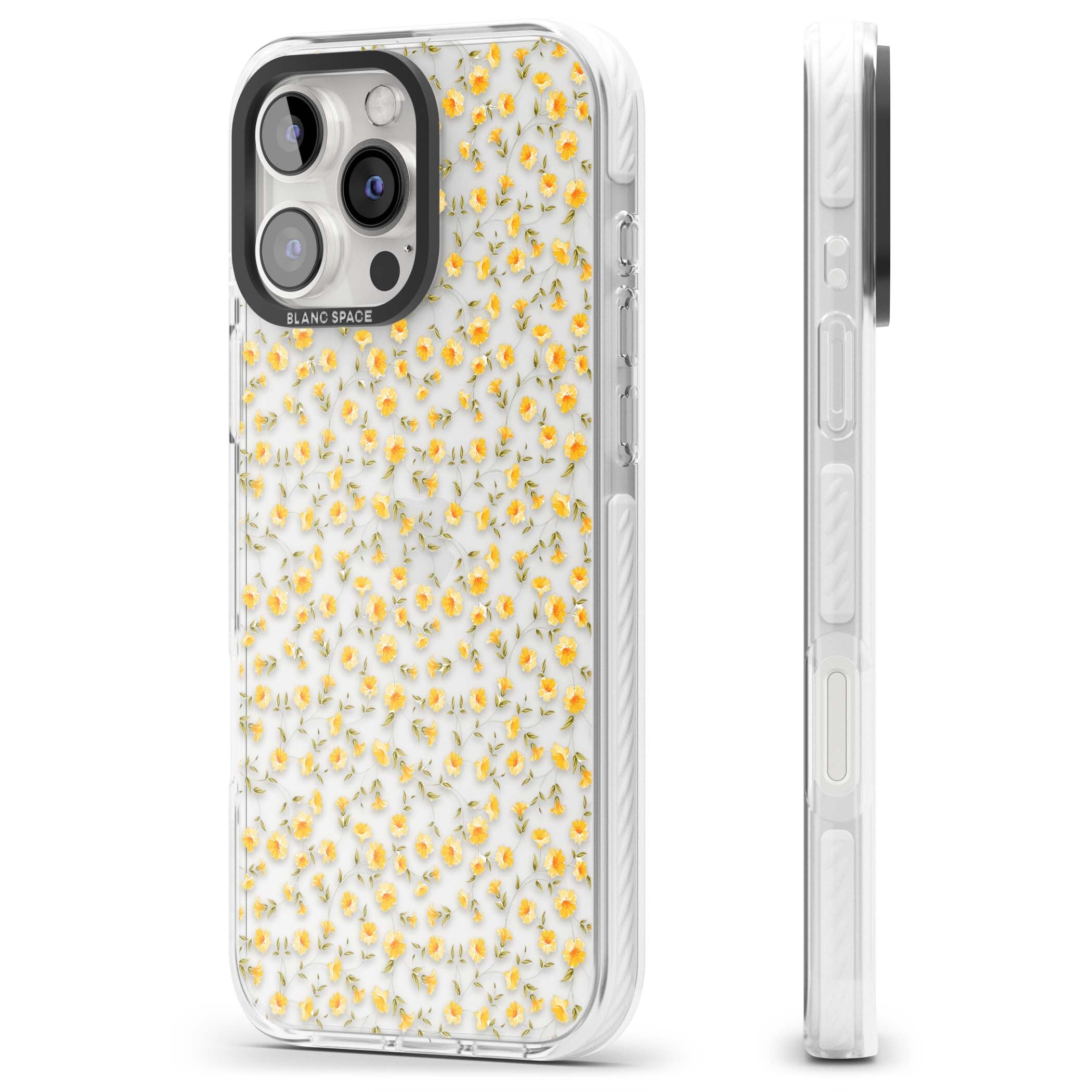 Buttercup wildflower iPhone case featuring tiny yellow flowers and trailing green vines on clear | Clear Impact case for iPhone 16 Pro, iPhone 16 Pro Max