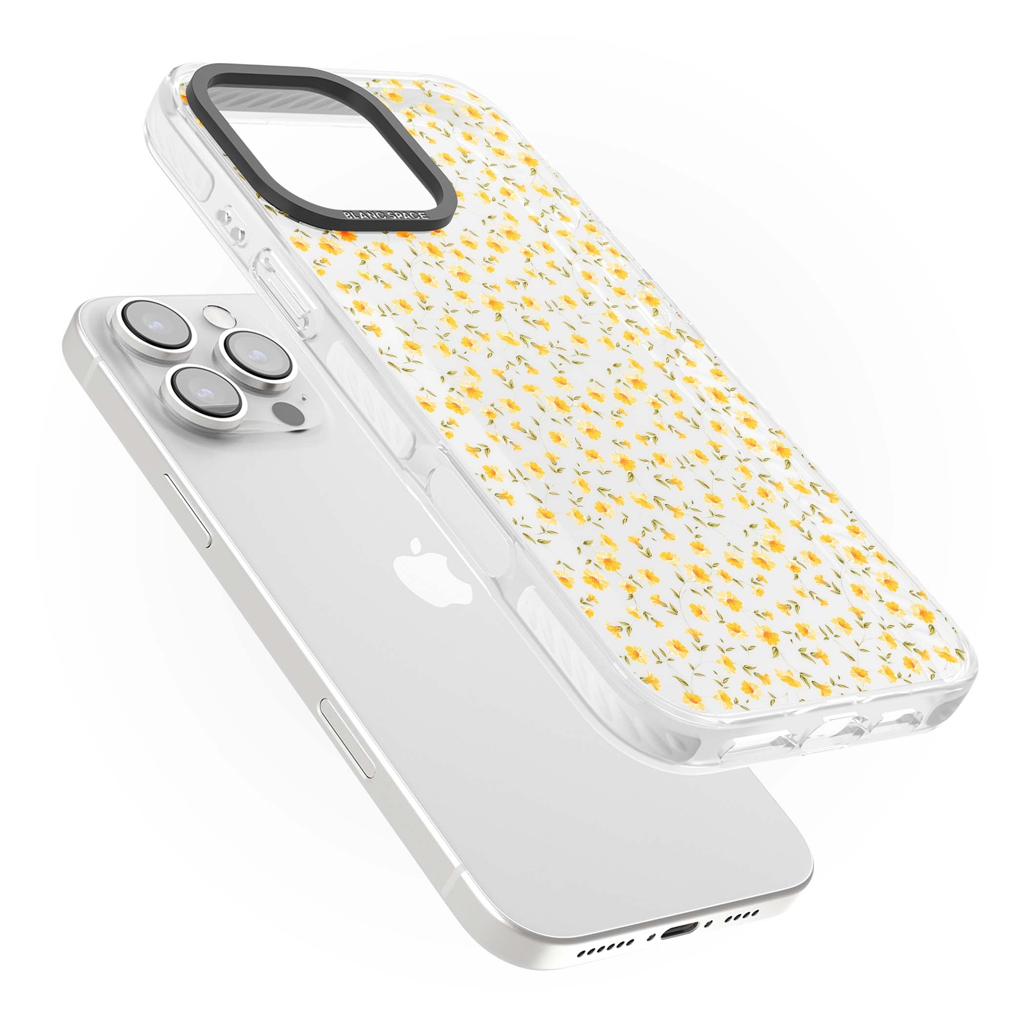 Buttercup wildflower iPhone case featuring tiny yellow flowers and trailing green vines on clear | Clear Impact case for iPhone 16 Pro, iPhone 16 Pro Max