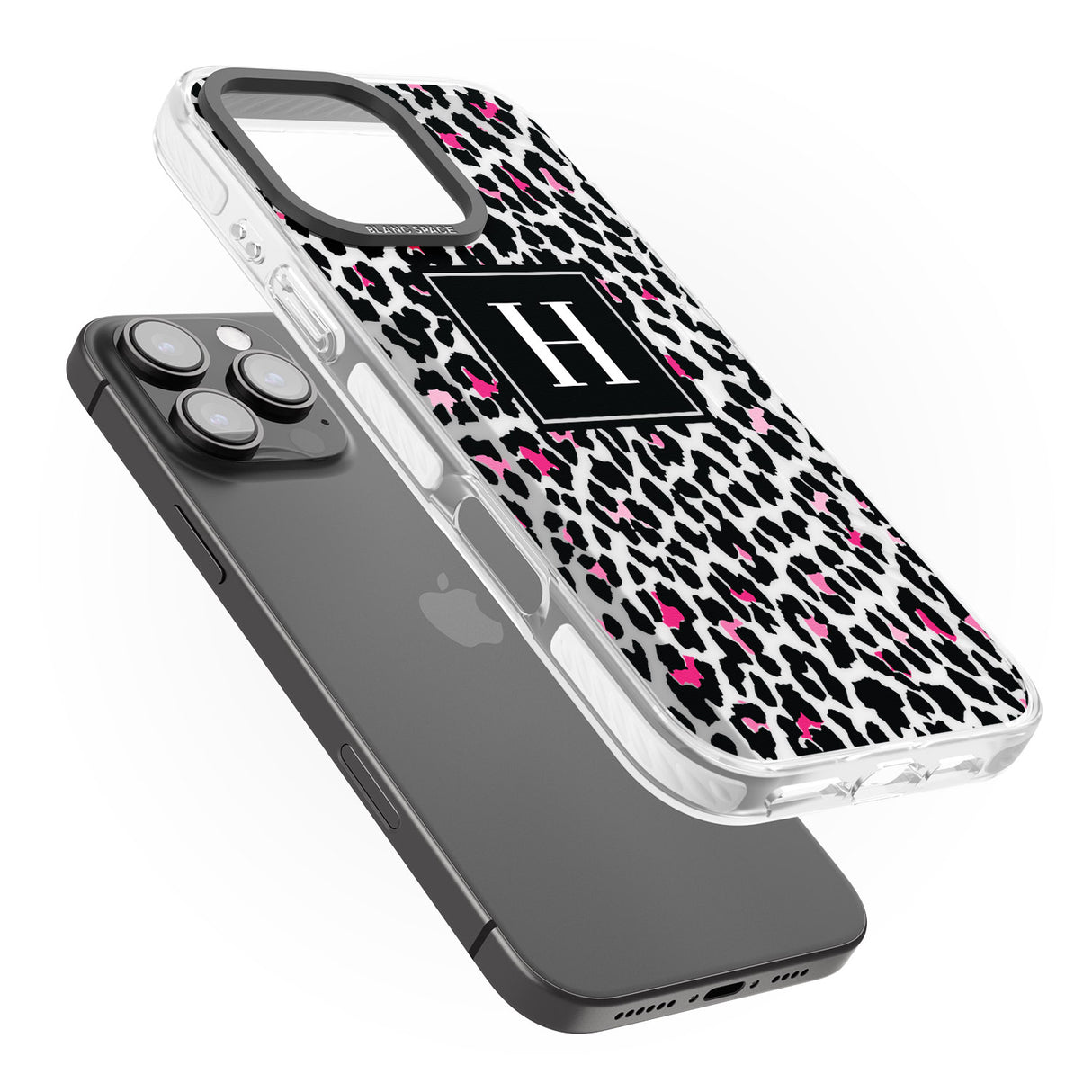 iPhone 16 Pro Max Personalised Pink Monogram Leopard Spots Black Impact Phone Case