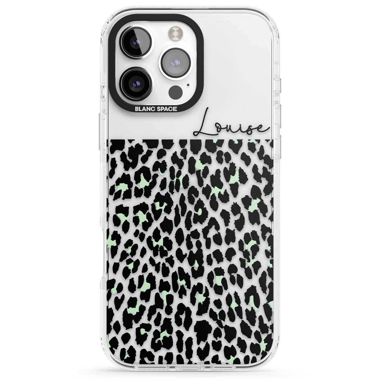 iPhone 16 Pro Max Personalised Seafoam Green & Cursive Leopard Spots Black Impact Phone Case